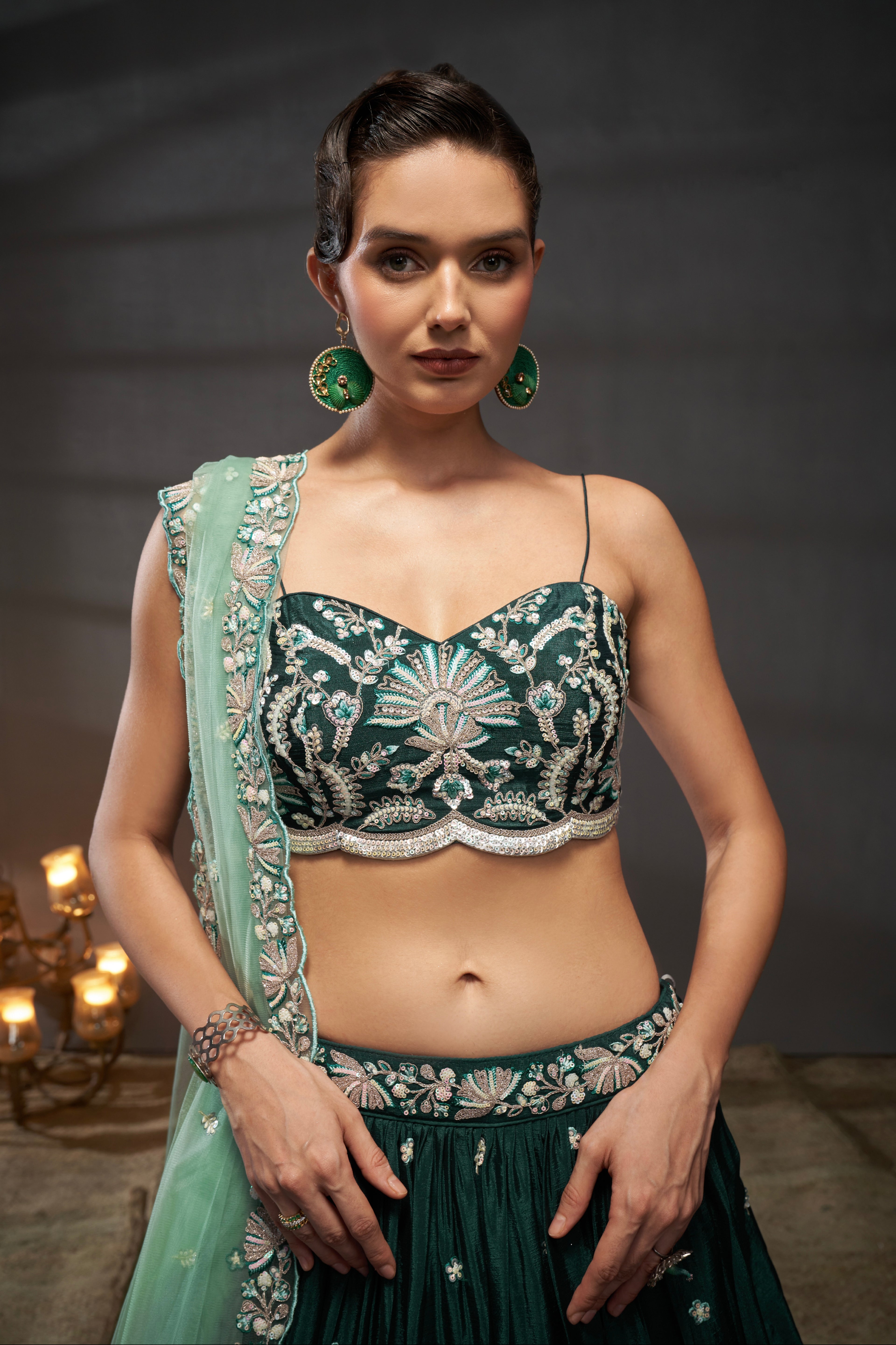 Green Pure Chiffon Sequins Embroidery Lehenga Choli &amp; Dupatta
