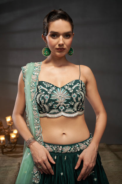 Green Pure Chiffon Sequins Embroidery Lehenga Choli &amp; Dupatta