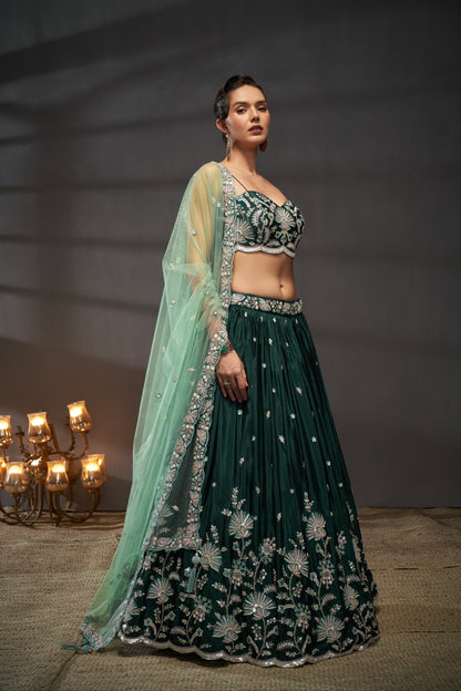 Green Pure Chiffon Sequins Embroidery Lehenga Choli &amp; Dupatta