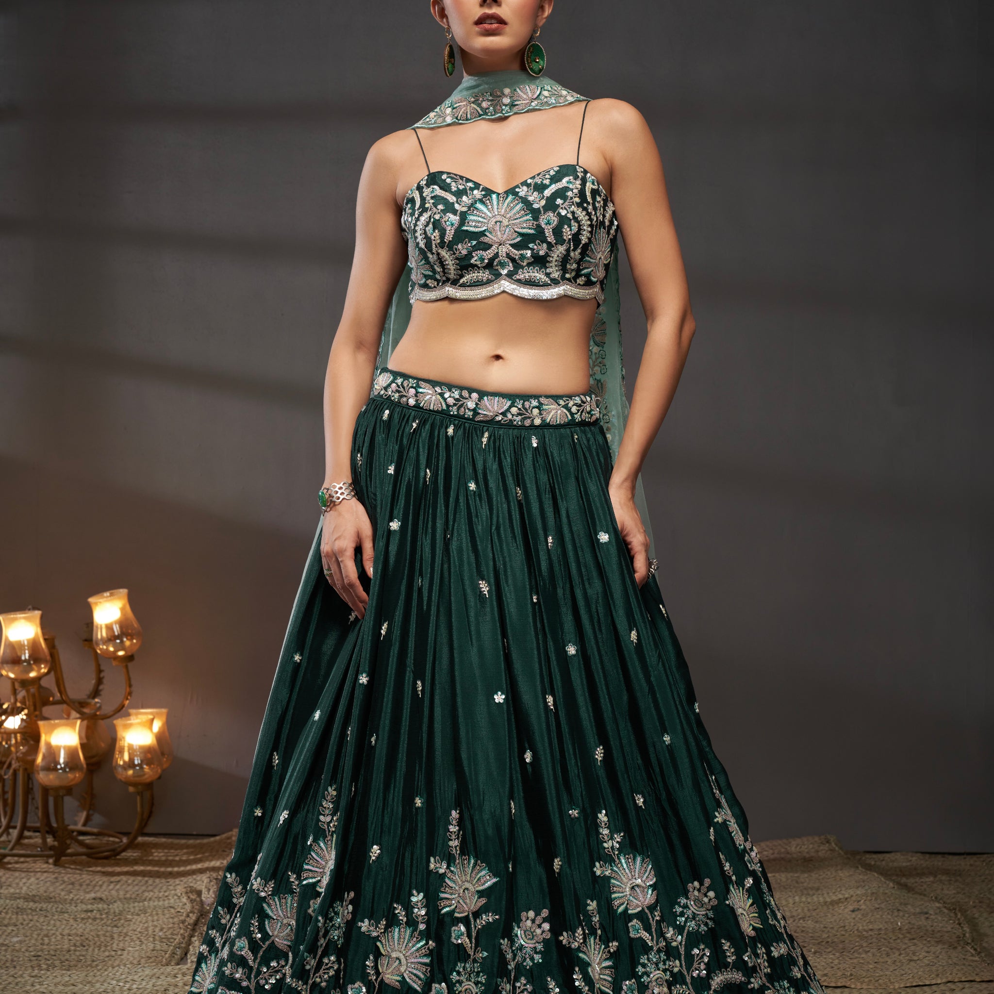 Green Pure Chiffon Sequins Embroidery Lehenga Choli & Dupatta