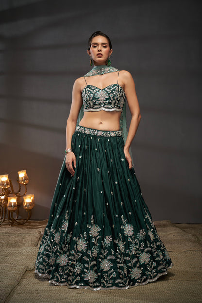 Green Pure Chiffon Sequins Embroidery Lehenga Choli &amp; Dupatta