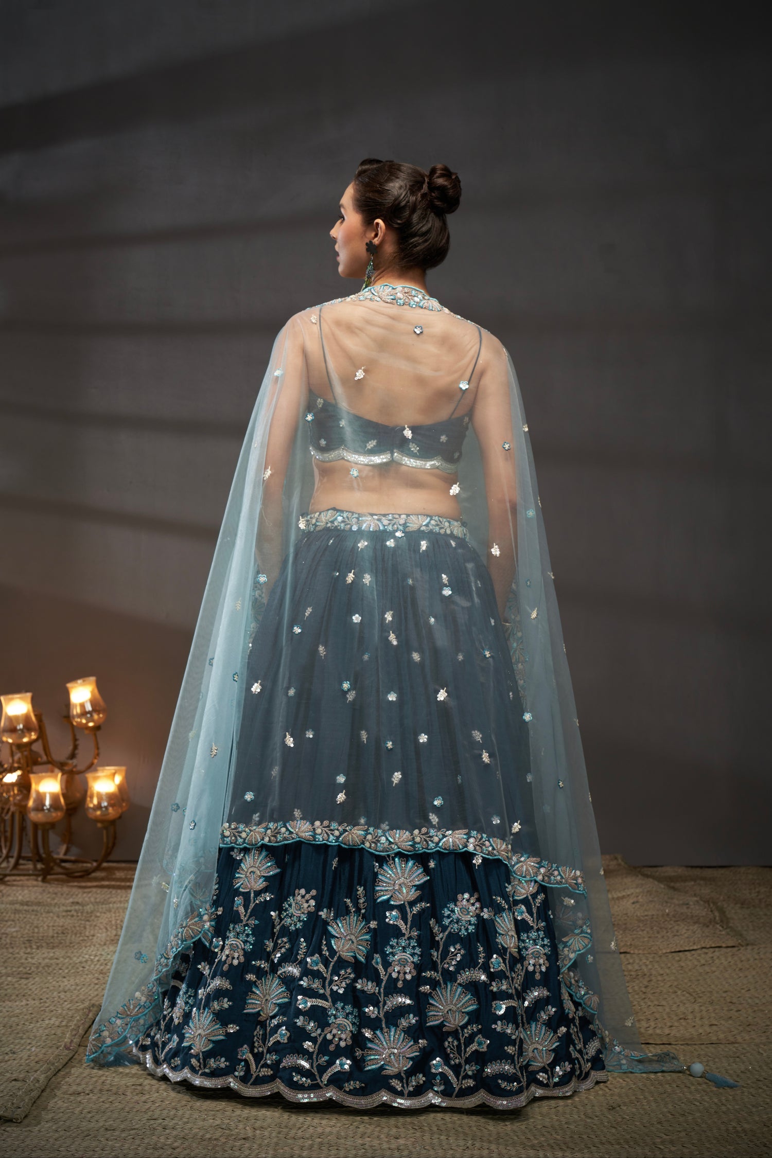 Teal Pure Chiffon Sequins Embroidery Lehenga Choli &amp; Dupatta