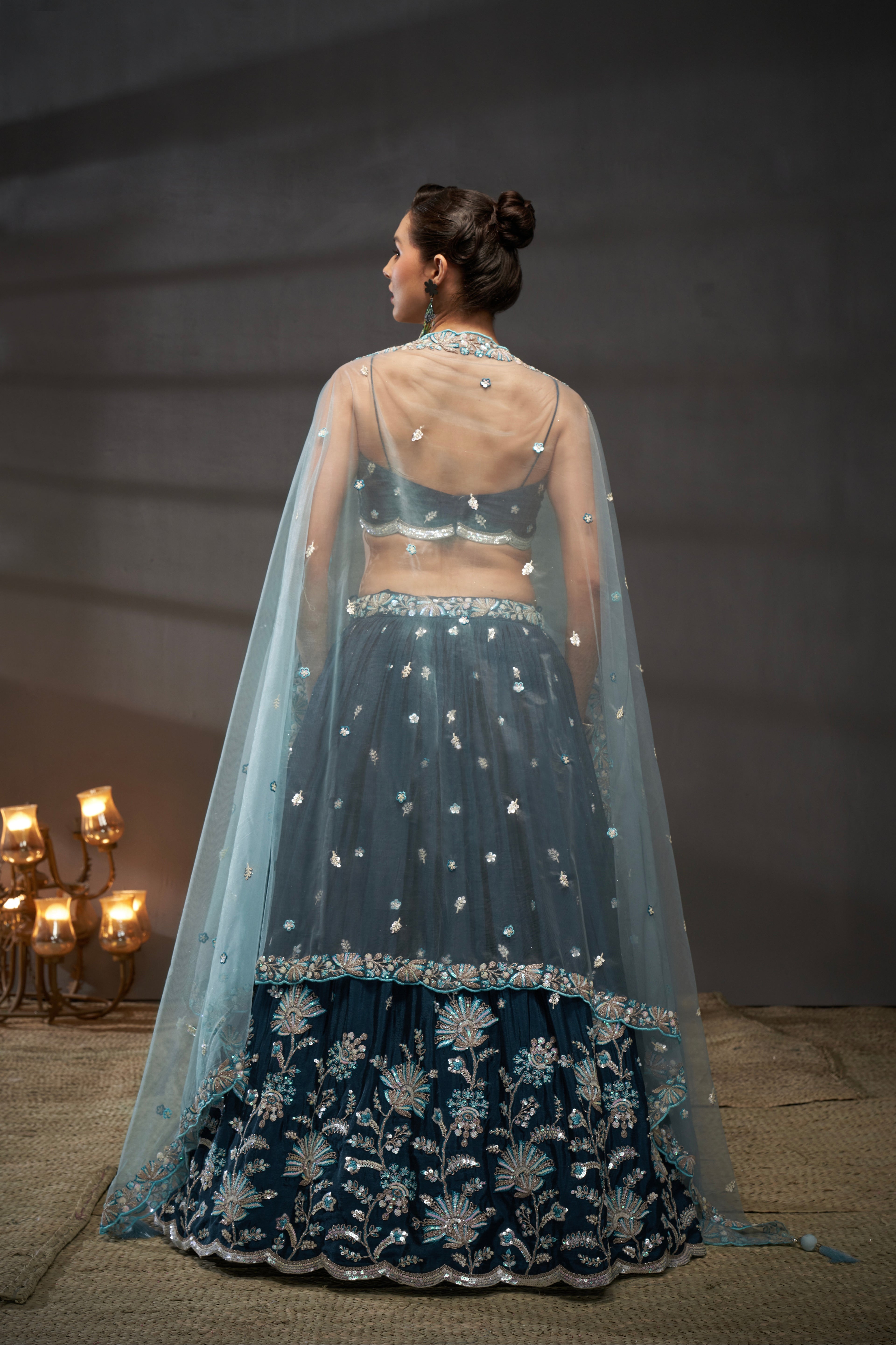 Teal Pure Chiffon Sequins Embroidery Lehenga Choli &amp; Dupatta