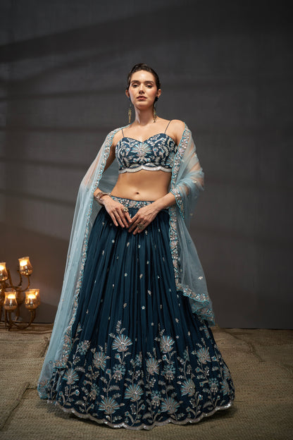 Teal Pure Chiffon Sequins Embroidery Lehenga Choli &amp; Dupatta