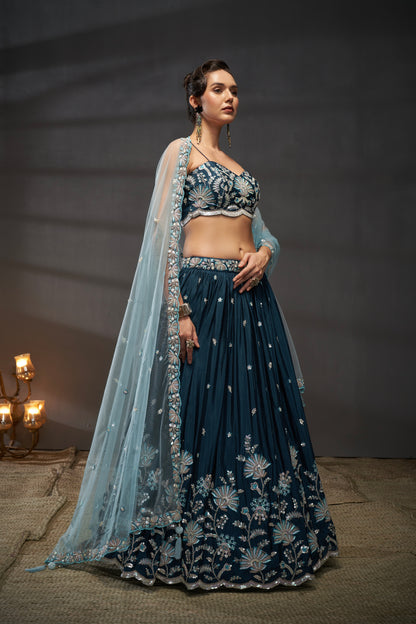 Teal Pure Chiffon Sequins Embroidery Lehenga Choli &amp; Dupatta