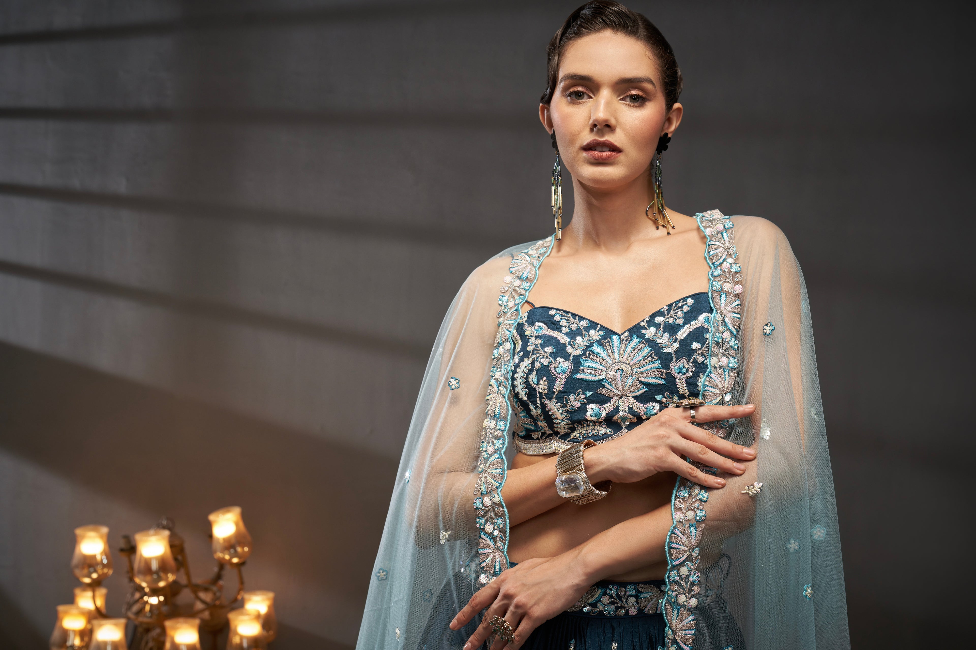 Teal Pure Chiffon Sequins Embroidery Lehenga Choli &amp; Dupatta