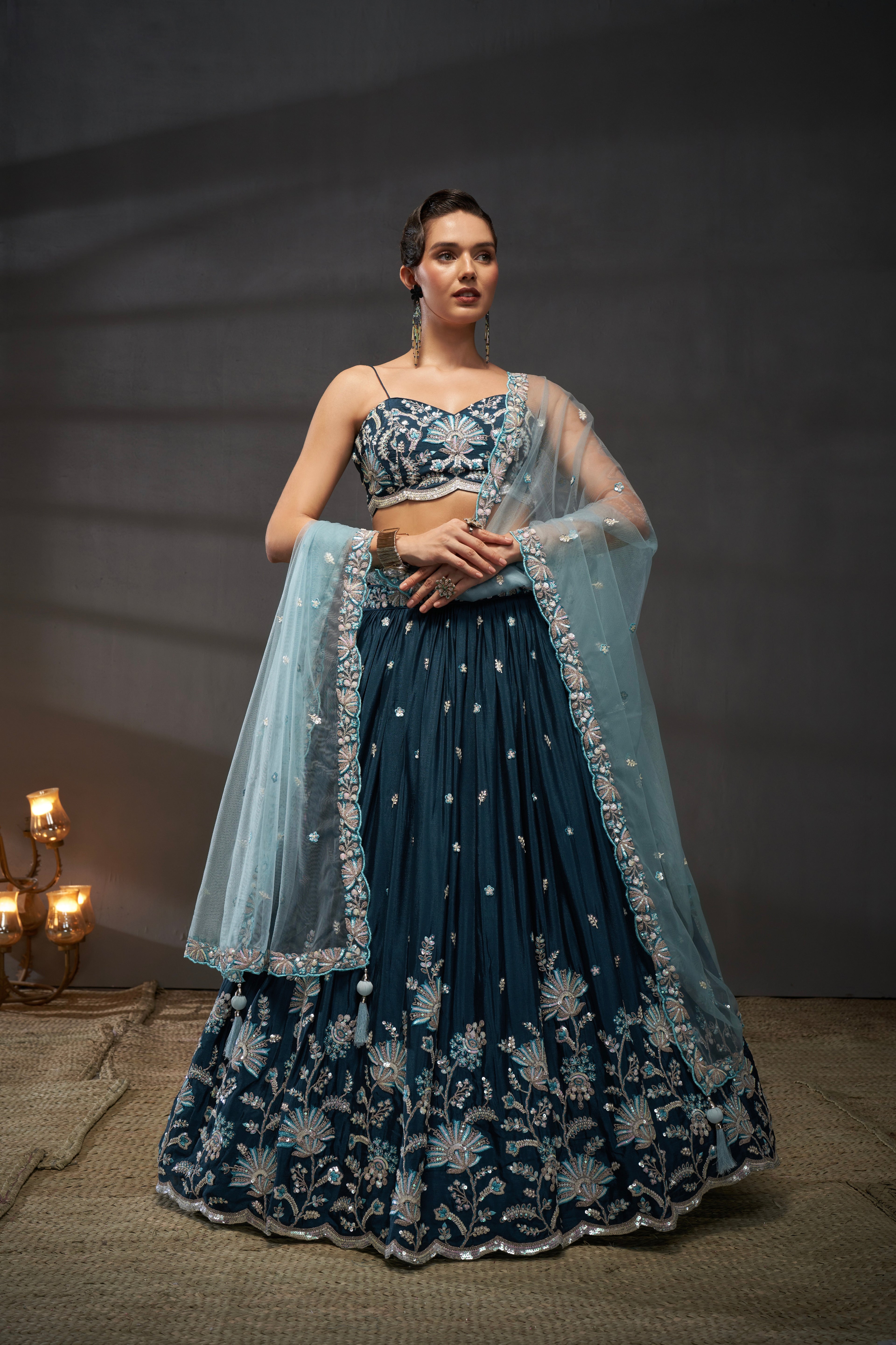 Teal Pure Chiffon Sequins Embroidery Lehenga Choli &amp; Dupatta