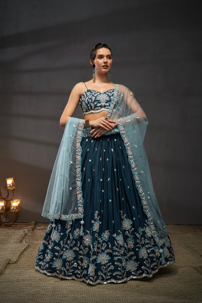 Teal Pure Chiffon Sequins Embroidery Lehenga Choli &amp; Dupatta