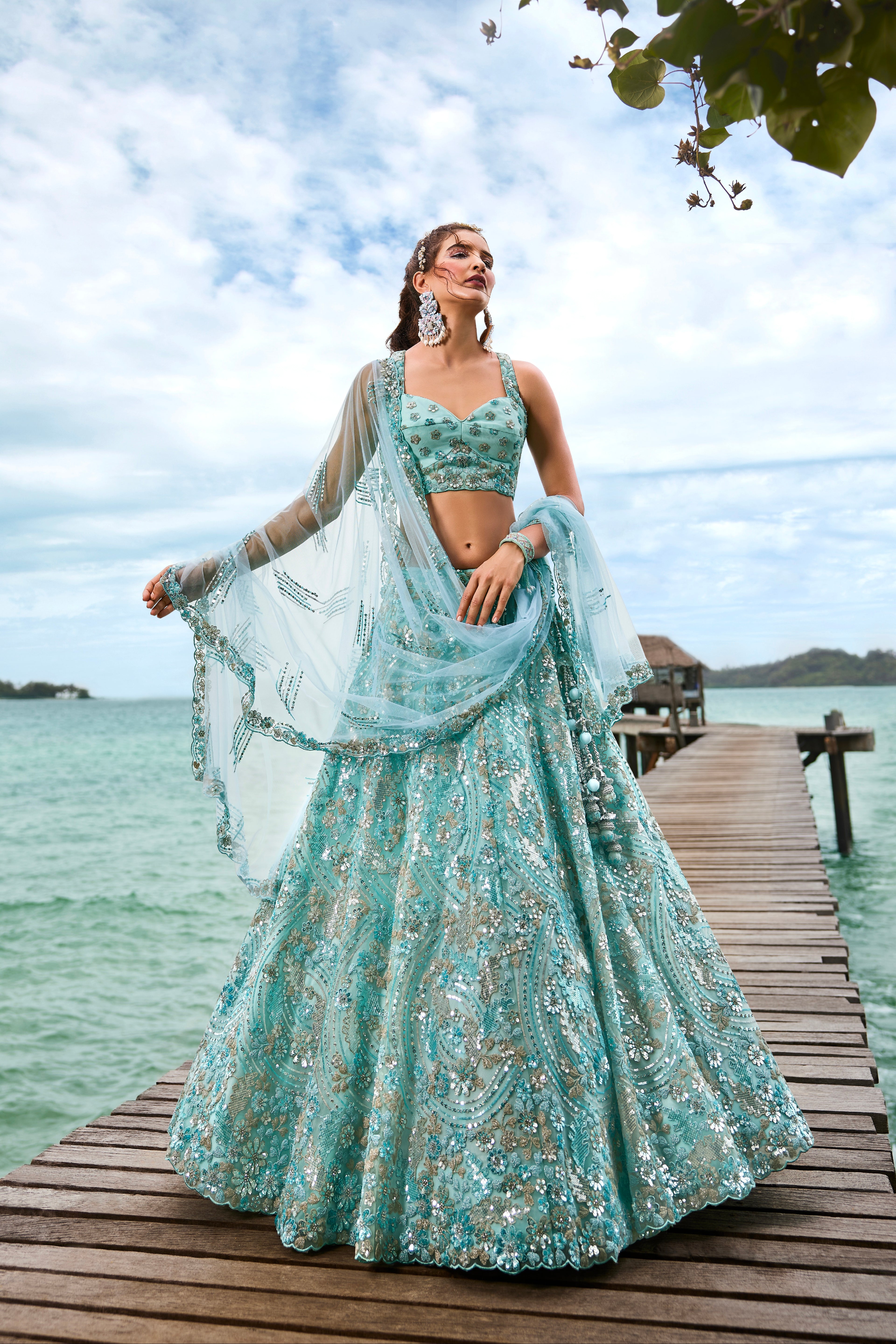 Turquoise Net Sequins and Zarkan Embroidery Lehenga choli &amp; Dupatta