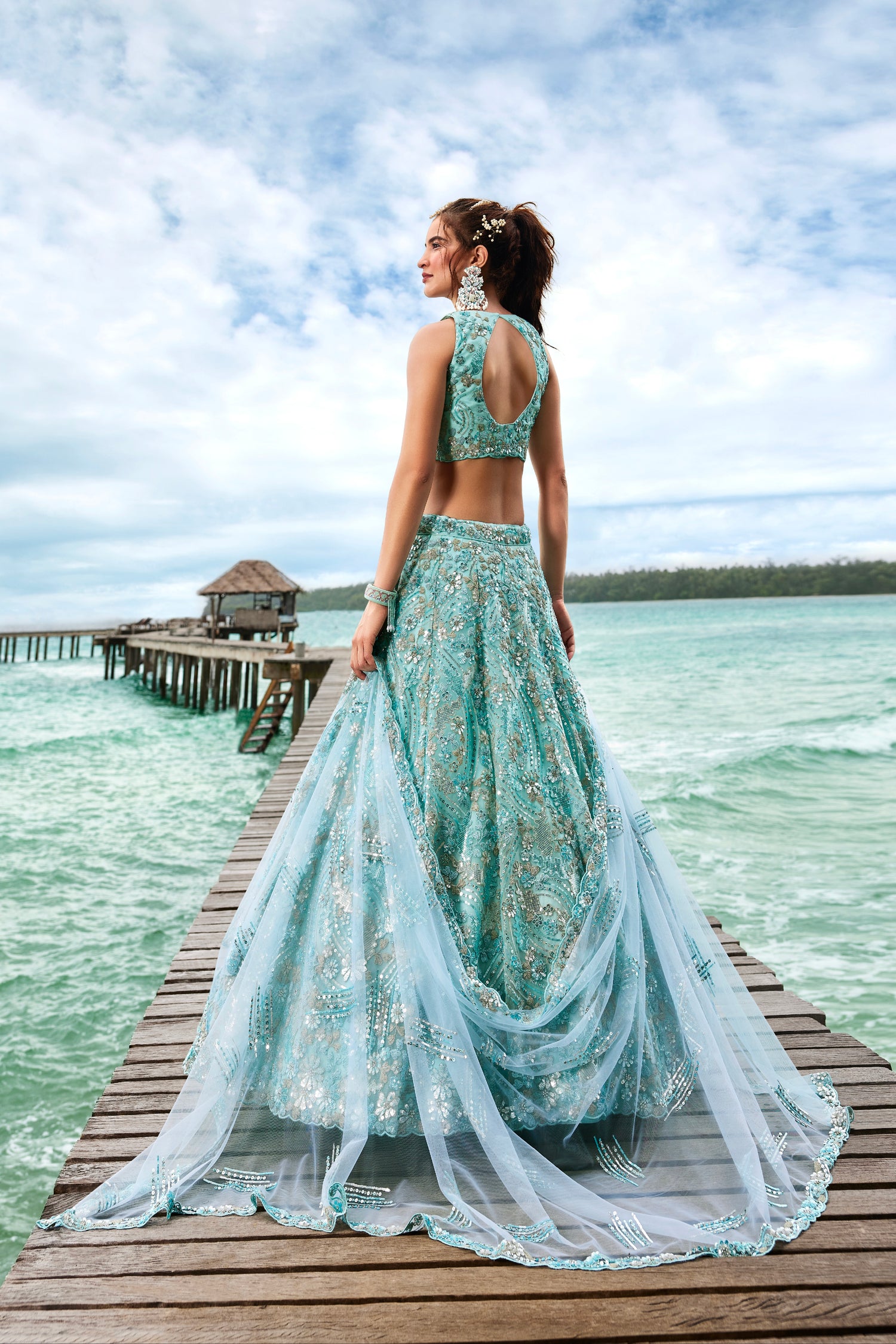 Turquoise Net Sequins and Zarkan Embroidery Lehenga choli &amp; Dupatta
