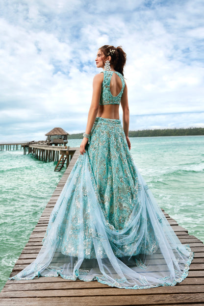 Turquoise Net Sequins and Zarkan Embroidery Lehenga choli &amp; Dupatta