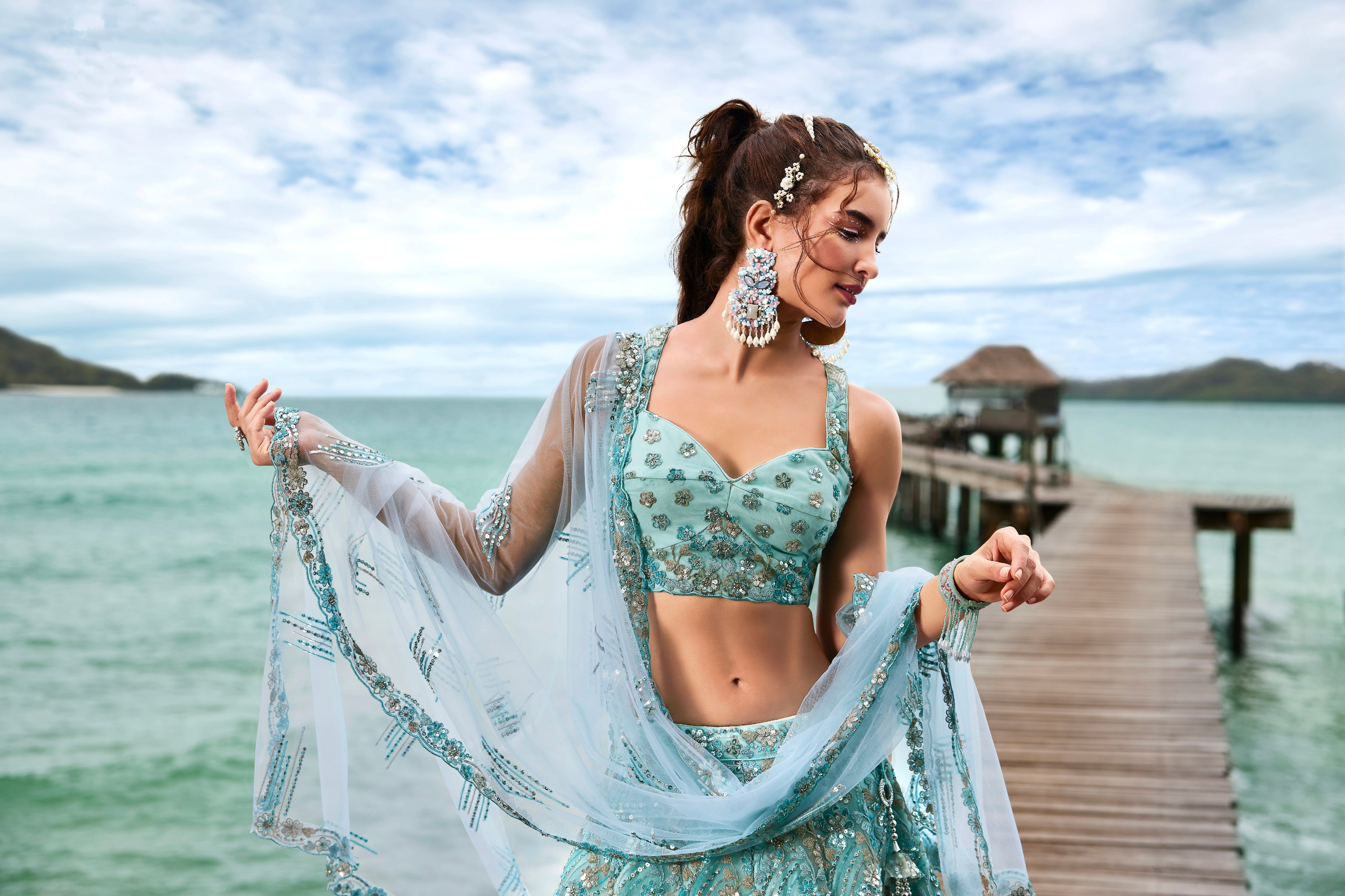 Turquoise Net Sequins and Zarkan Embroidery Lehenga choli &amp; Dupatta