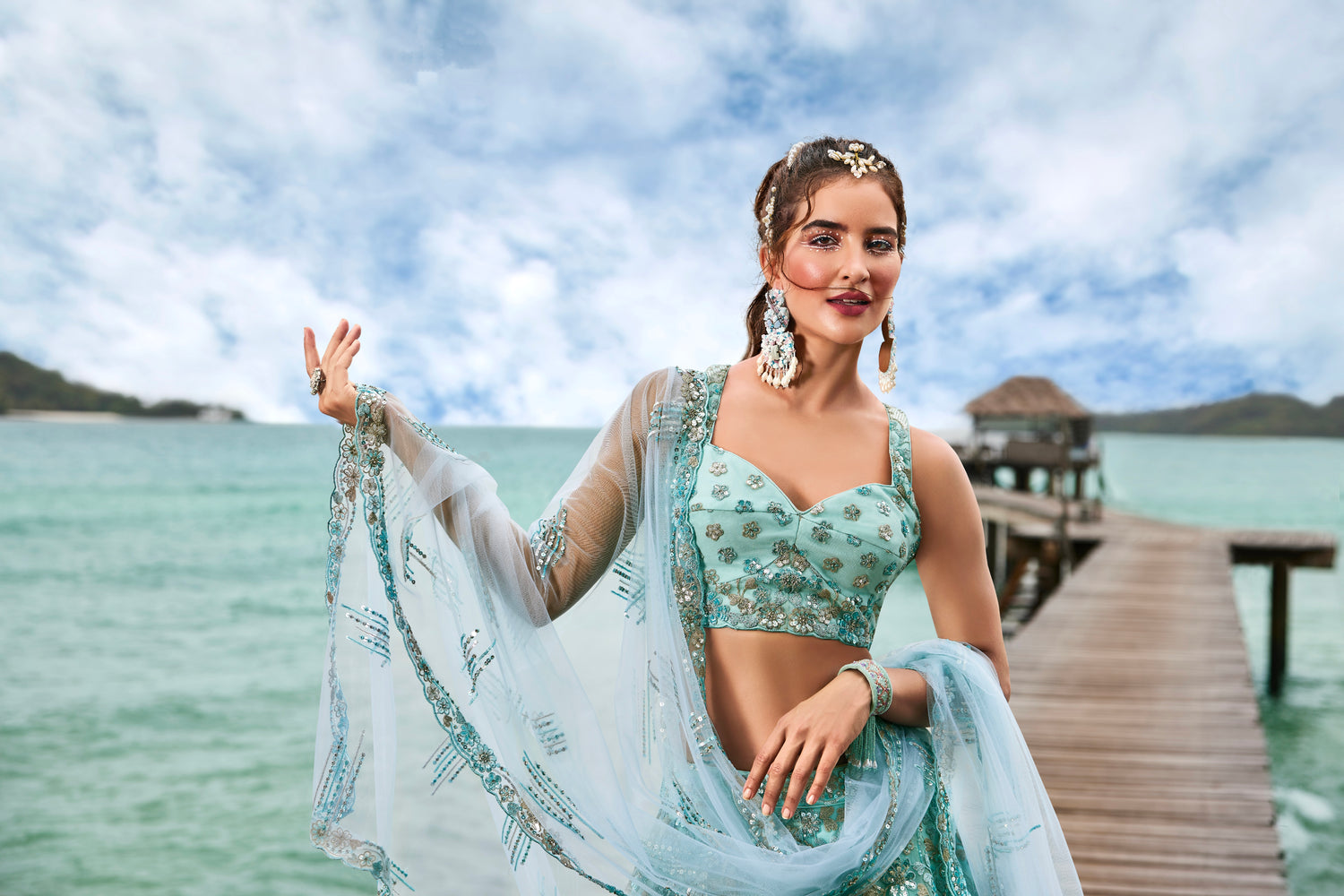 Turquoise Net Sequins and Zarkan Embroidery Lehenga choli &amp; Dupatta