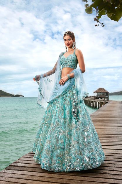 Turquoise Net Sequins and Zarkan Embroidery Lehenga choli &amp; Dupatta