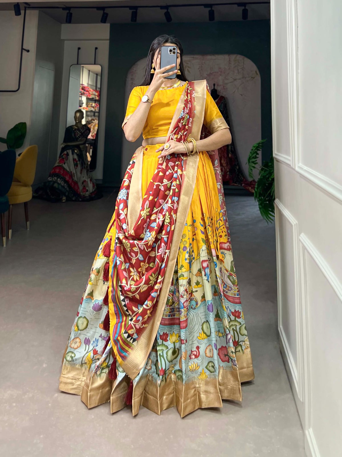 Navaratri Pure Dola Silk With Kalamkari Print Lehenga Choli