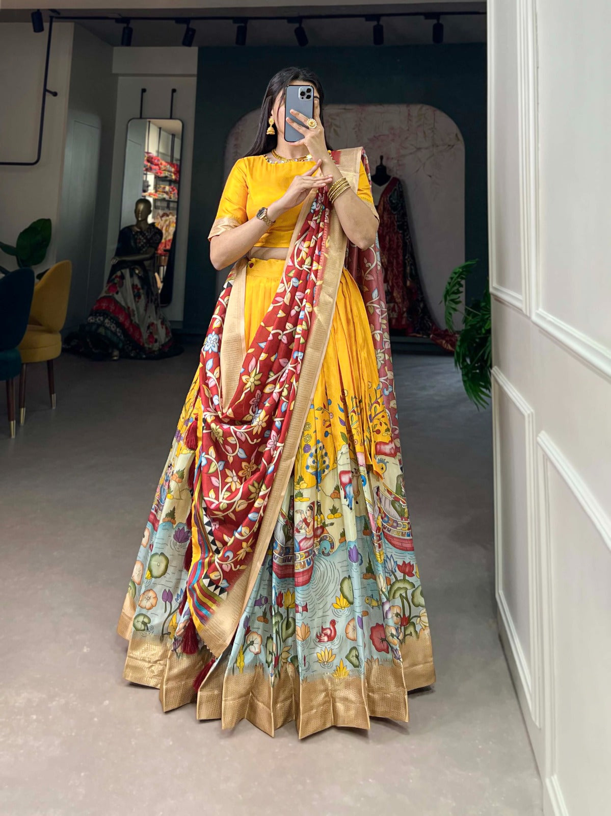 Navaratri Pure Dola Silk With Kalamkari Print Lehenga Choli