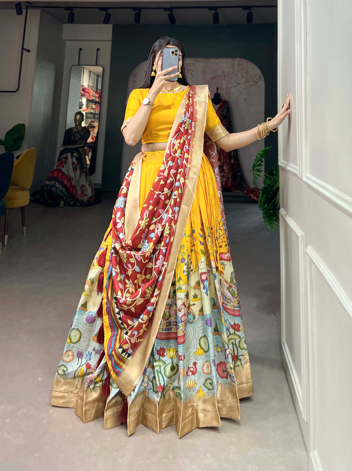 Navaratri Pure Dola Silk With Kalamkari Print Lehenga Choli