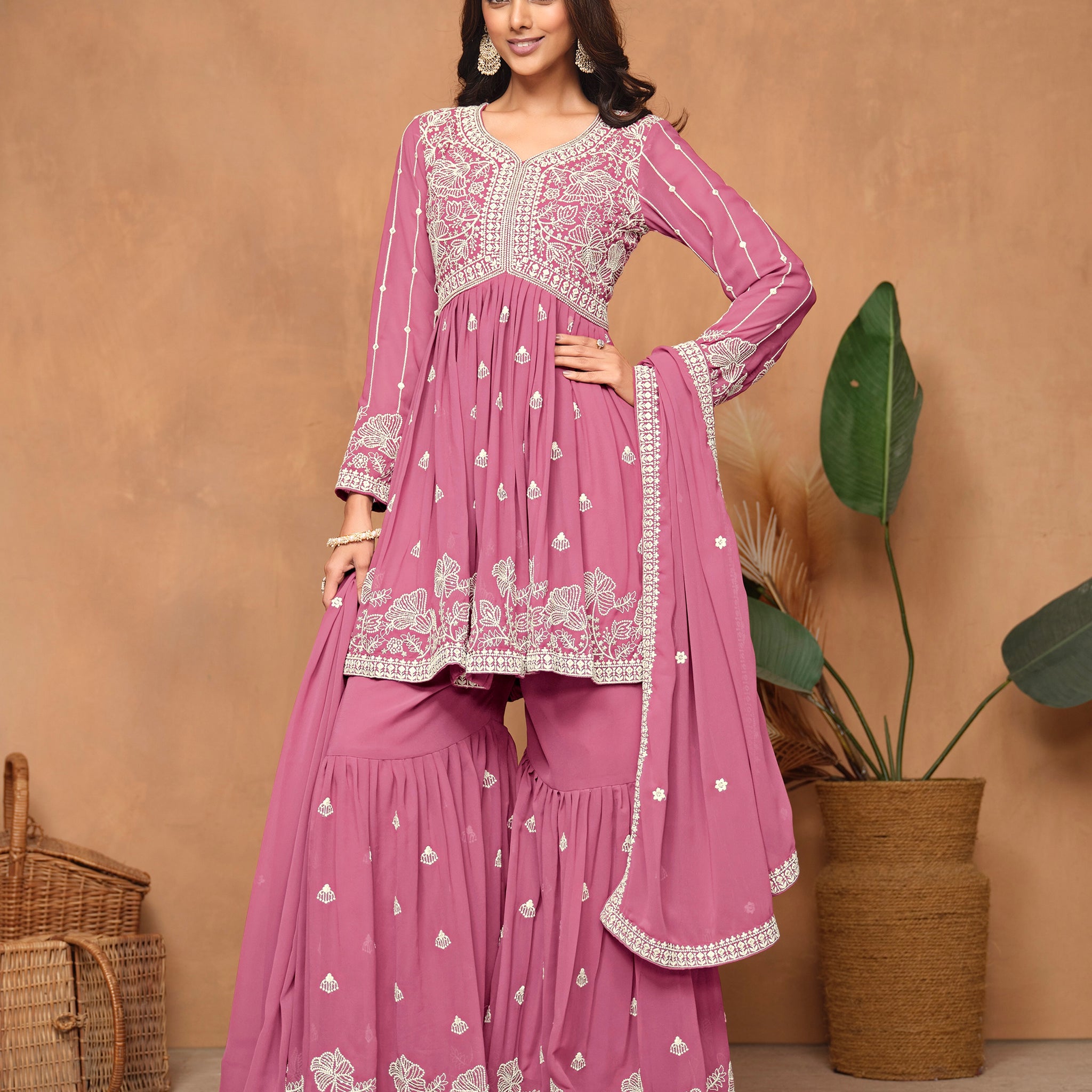 Pink Faux Georgette Embroidered Sharara Suit with Santoon Inner