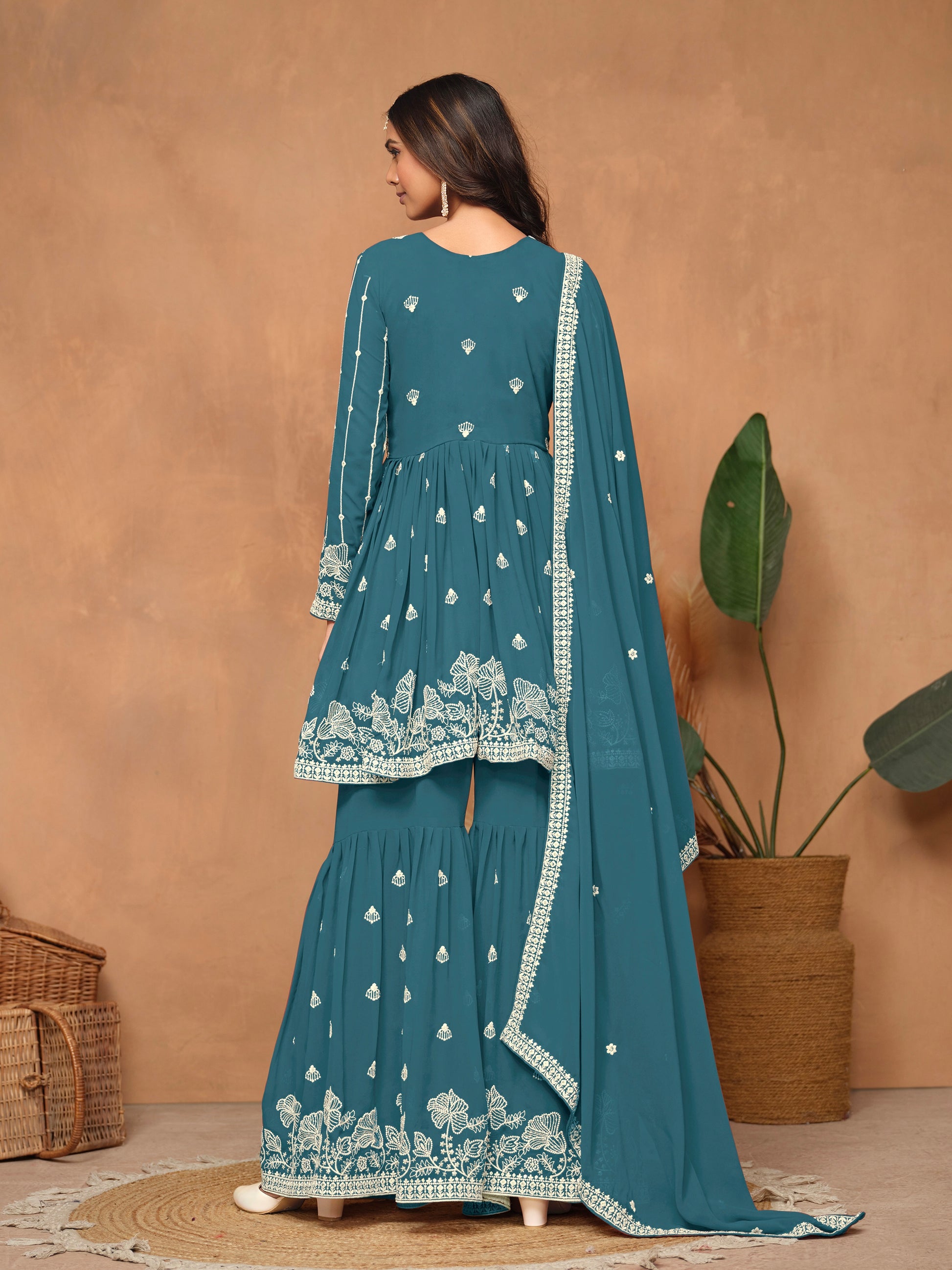 Teal Blue Faux Georgette Embroidered Sharara Suit with Santoon Inner
