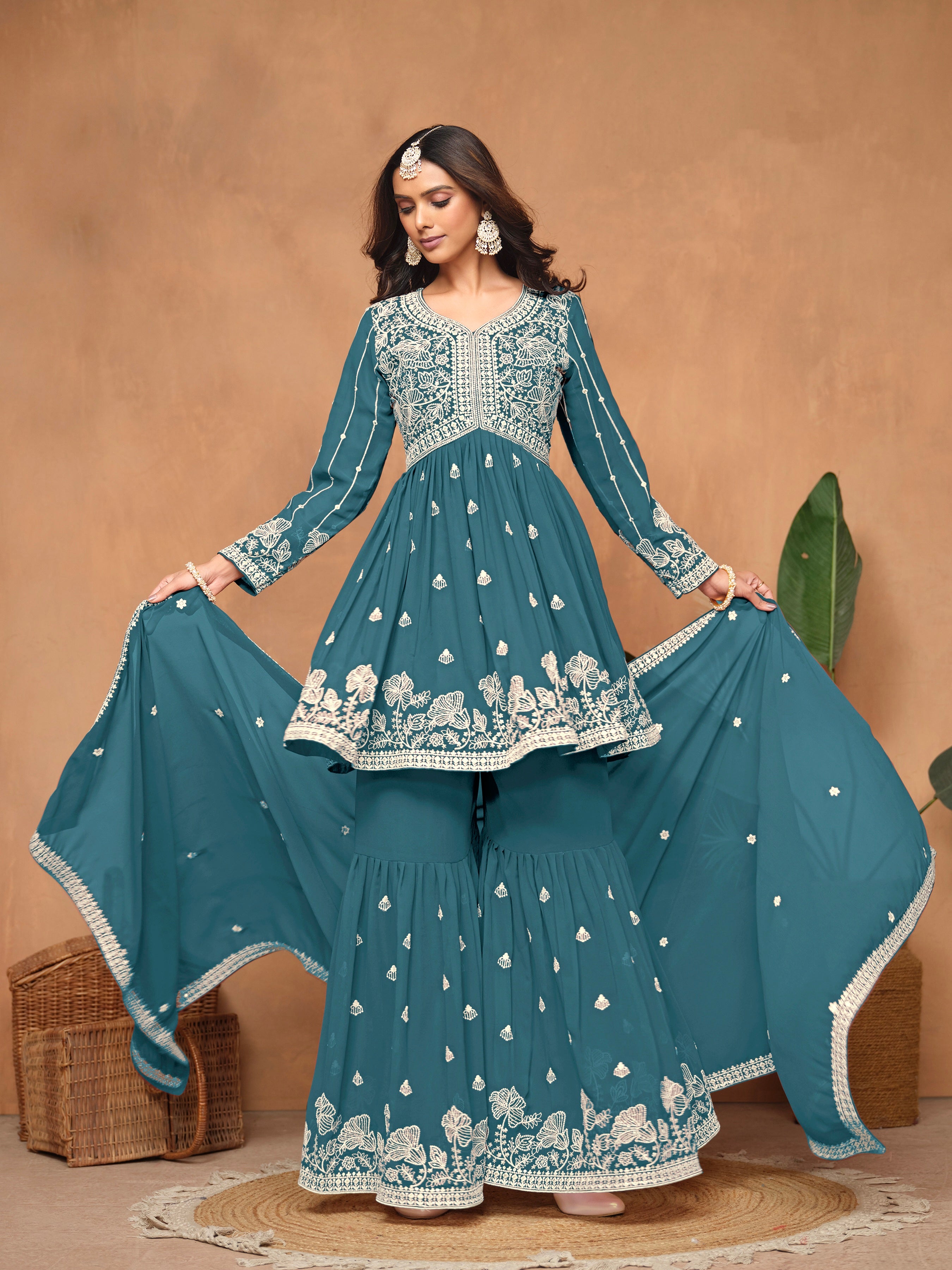 Teal Blue Faux Georgette Embroidered Sharara Suit with Santoon Inner
