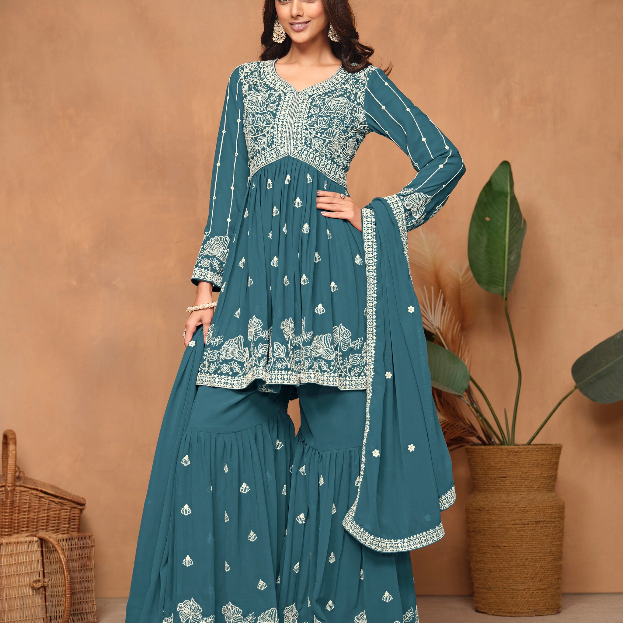 Teal Blue Faux Georgette Embroidered Sharara Suit with Santoon Inner