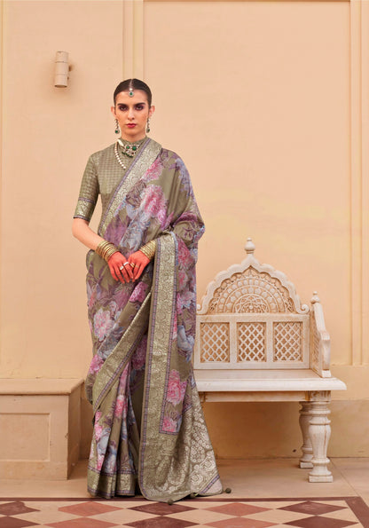 Olive Green Super Pv Silk Saree with Floral Print and Matching Blouse