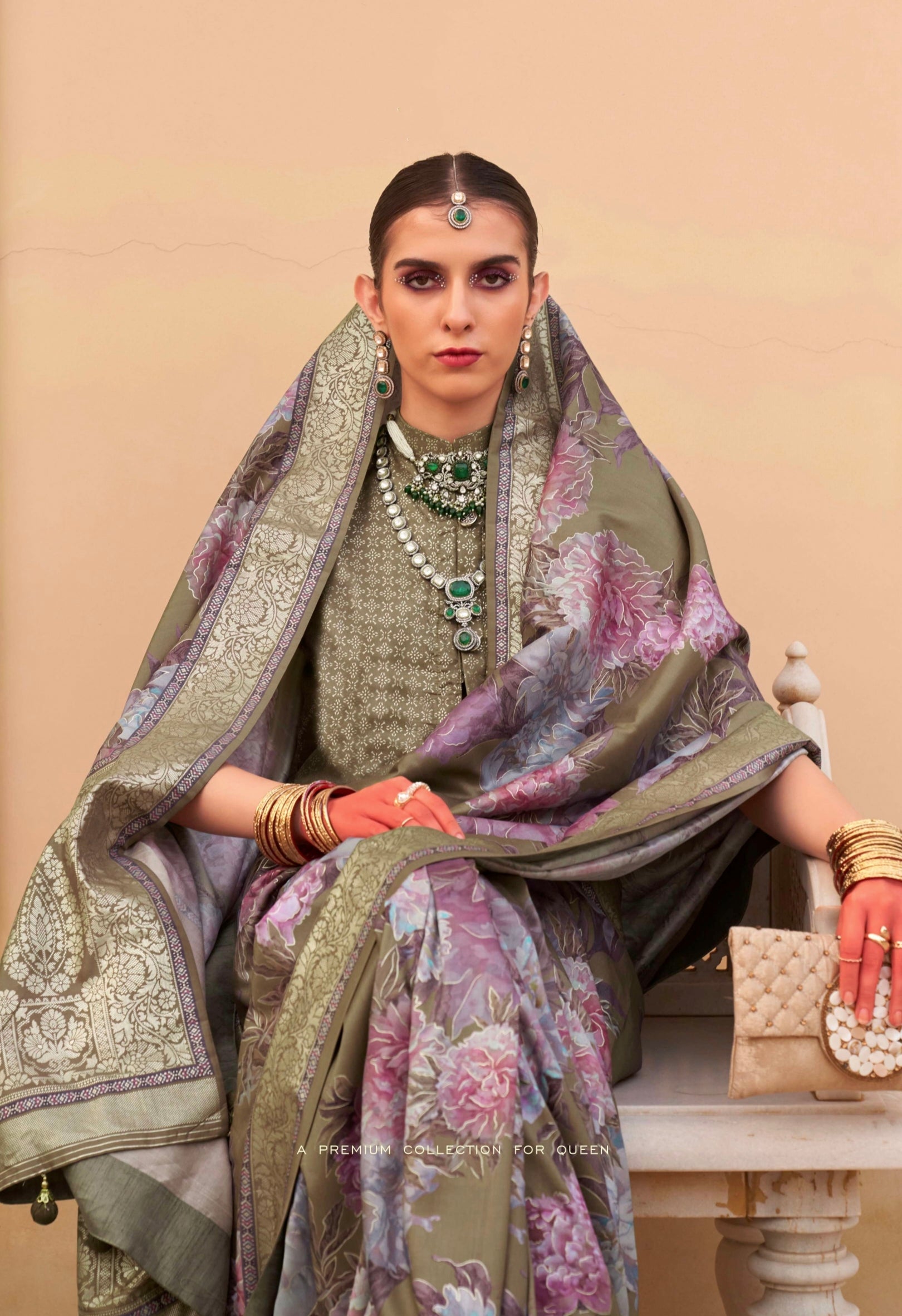 Olive Green Super Pv Silk Saree with Floral Print and Matching Blouse