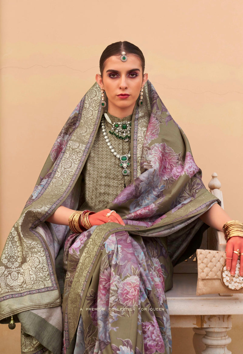 Olive Green Super Pv Silk Saree with Floral Print and Matching Blouse
