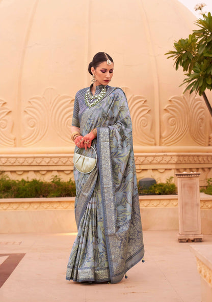 Sage Green Super Pv Silk Saree with Floral Print and Matching Blouse