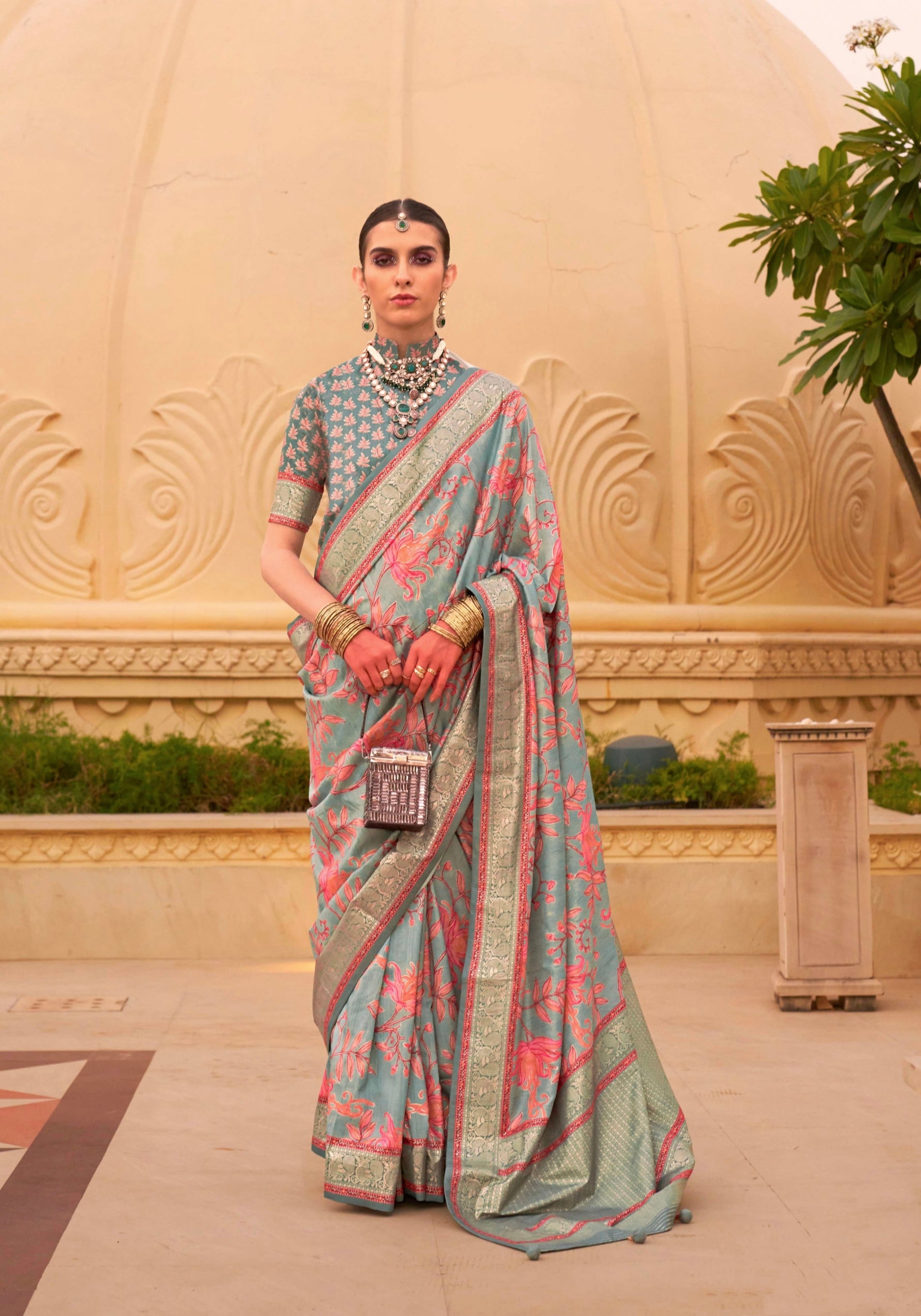 Peach Super Pv Silk Saree with Floral Print and Matching Blouse