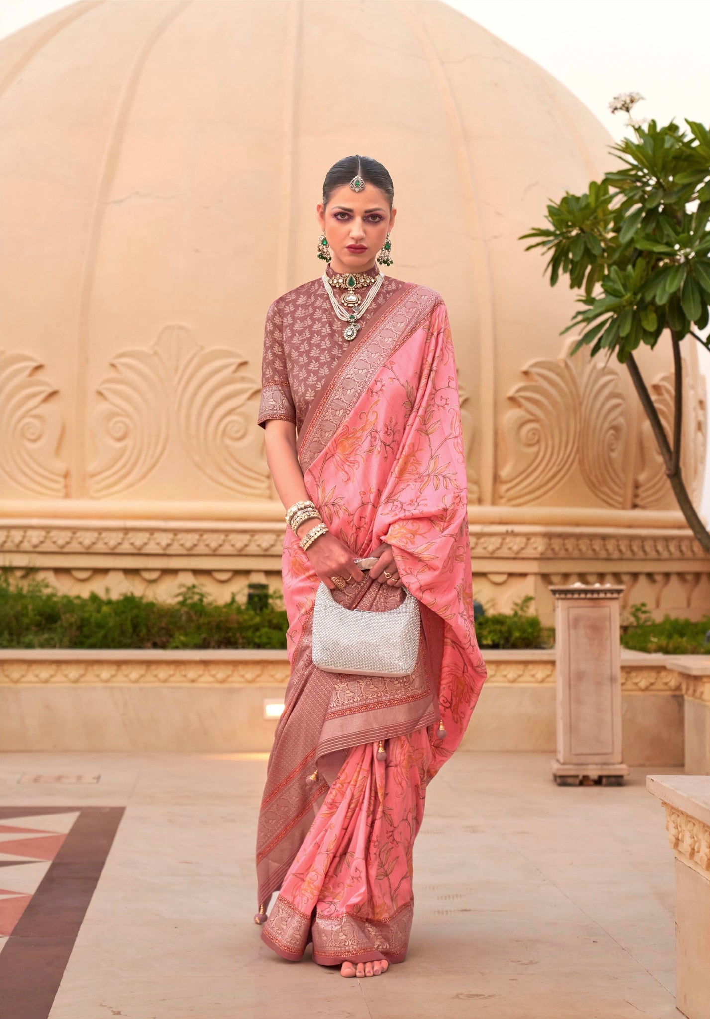 Pink Super Pv Silk Saree with Floral Print and Matching Blouse