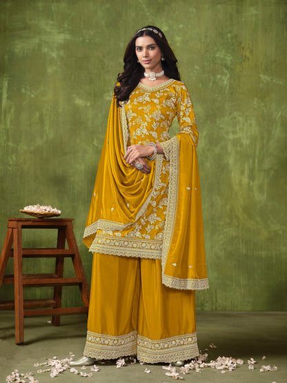 Yellow Sharara Suit with Dola Silk Jacquard and Chinon Dupatta