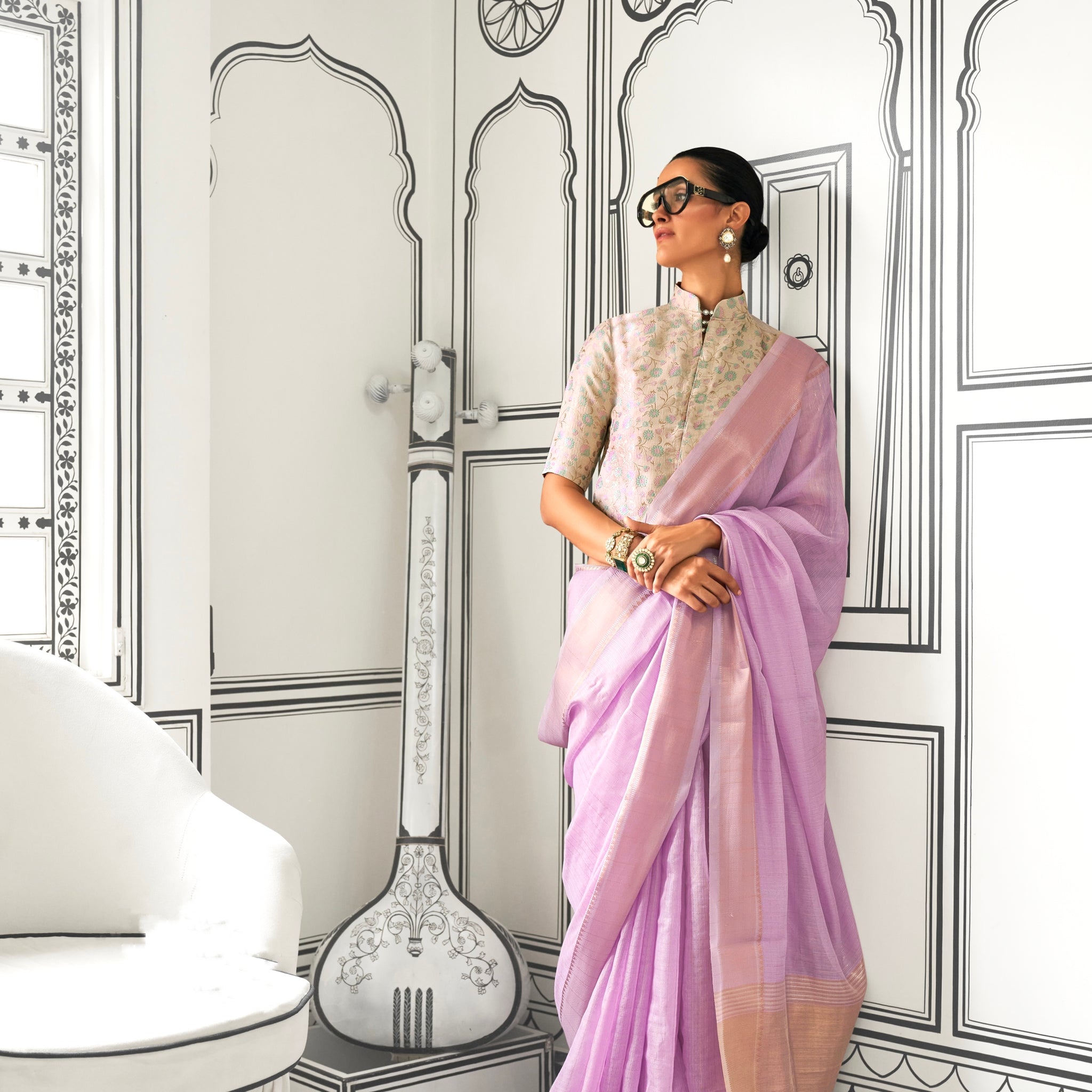 Lavender Chiffon Handloom Saree with Zari Lining and Jacquard Blouse
