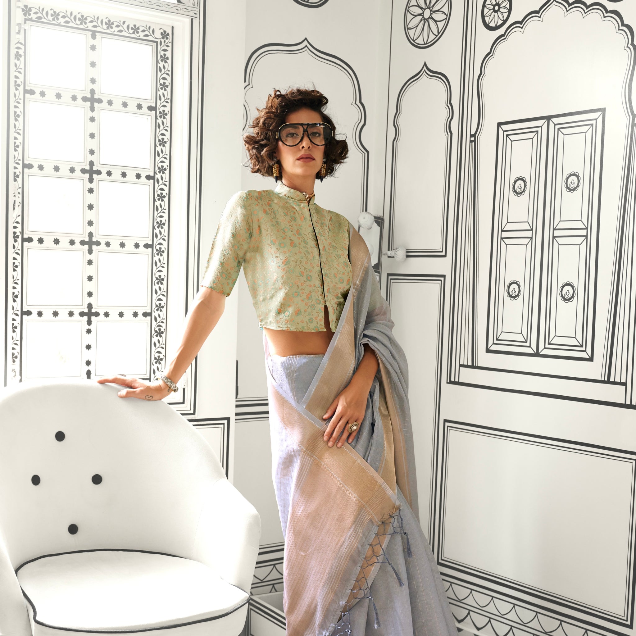 Grey Moss Chiffon Handloom Saree with Zari Lining and Jacquard Blouse