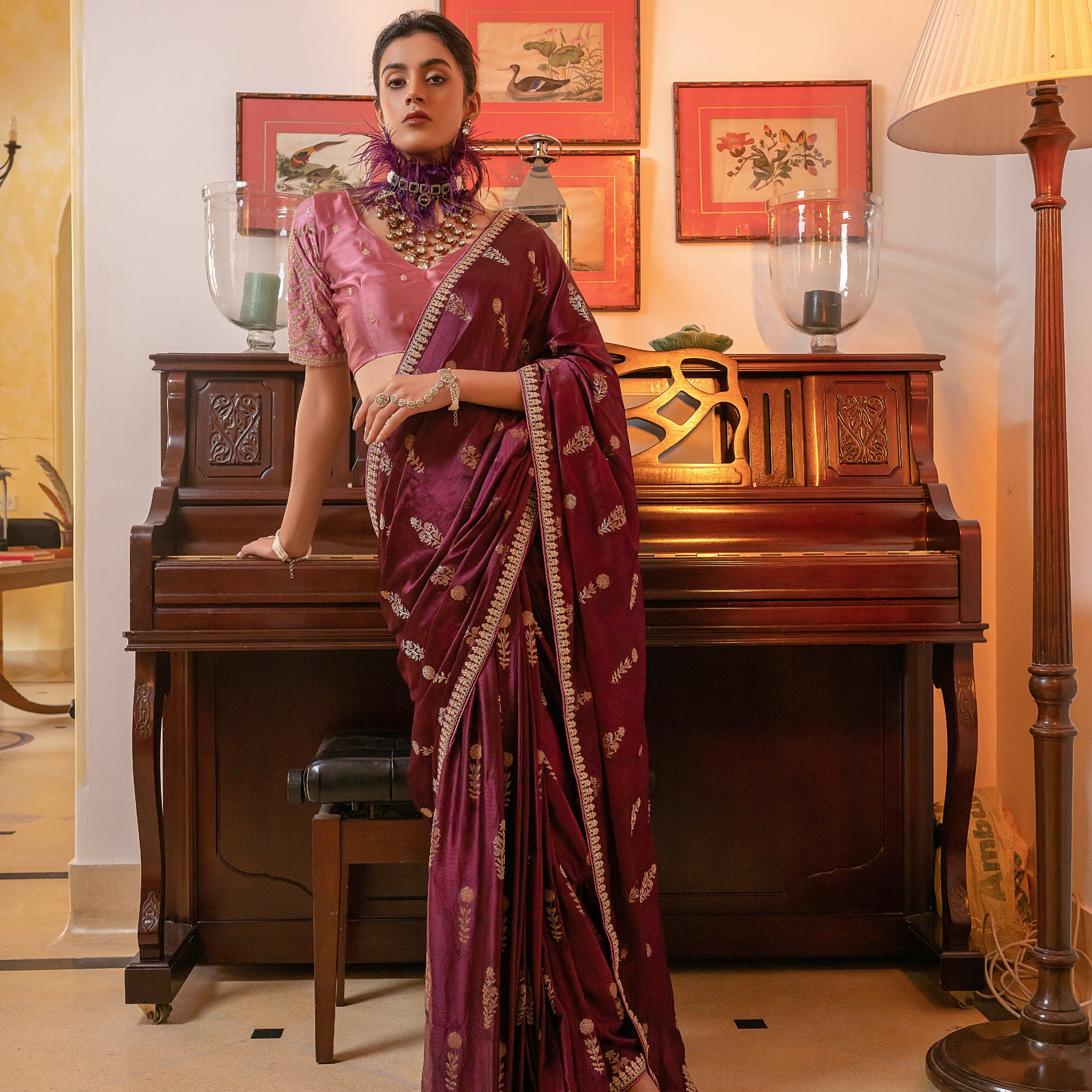 Maroon Viscose Satin Silk Saree with Zari Motifs and Sequin Embroidery