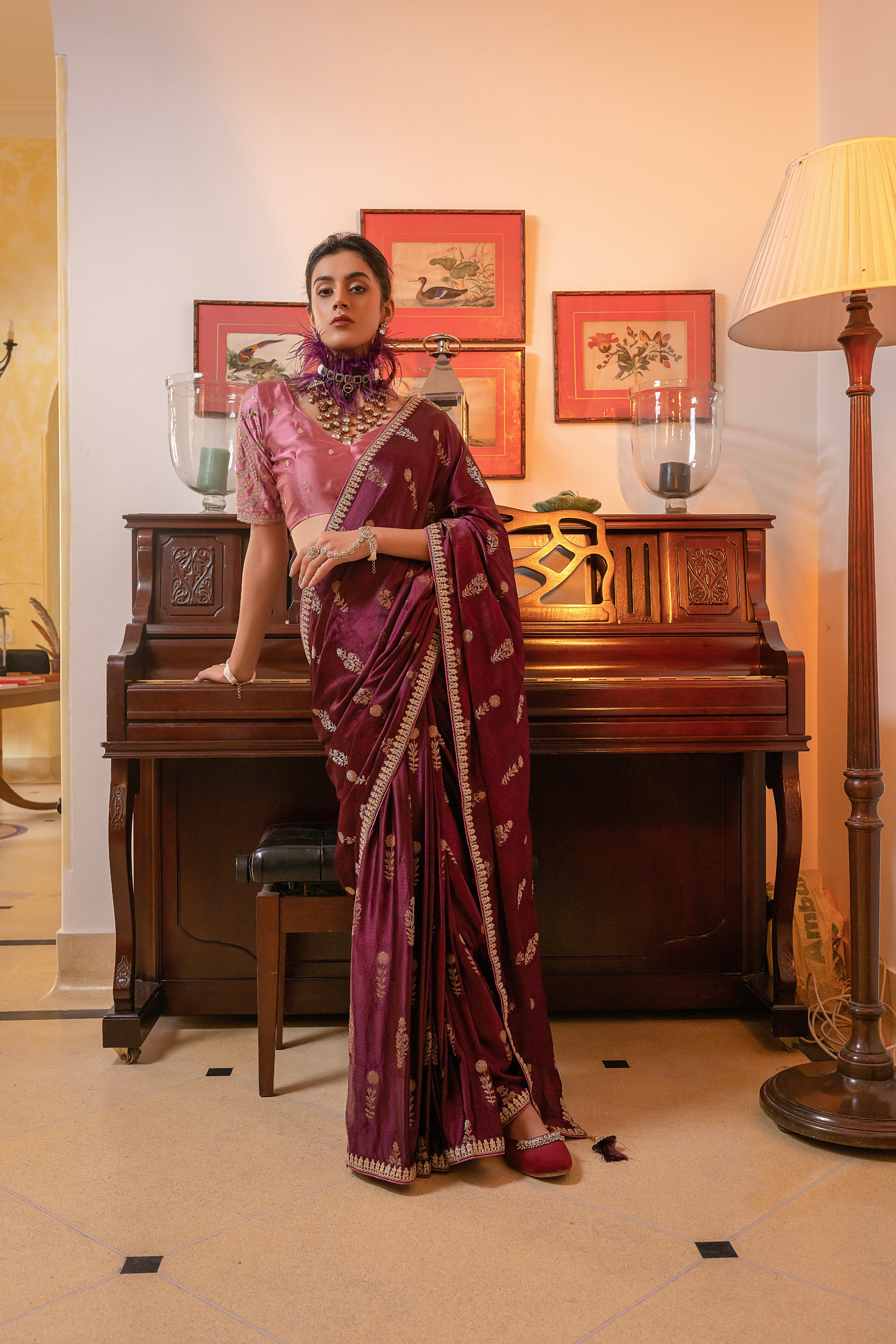 Maroon Viscose Satin Silk Saree with Zari Motifs and Sequin Embroidery