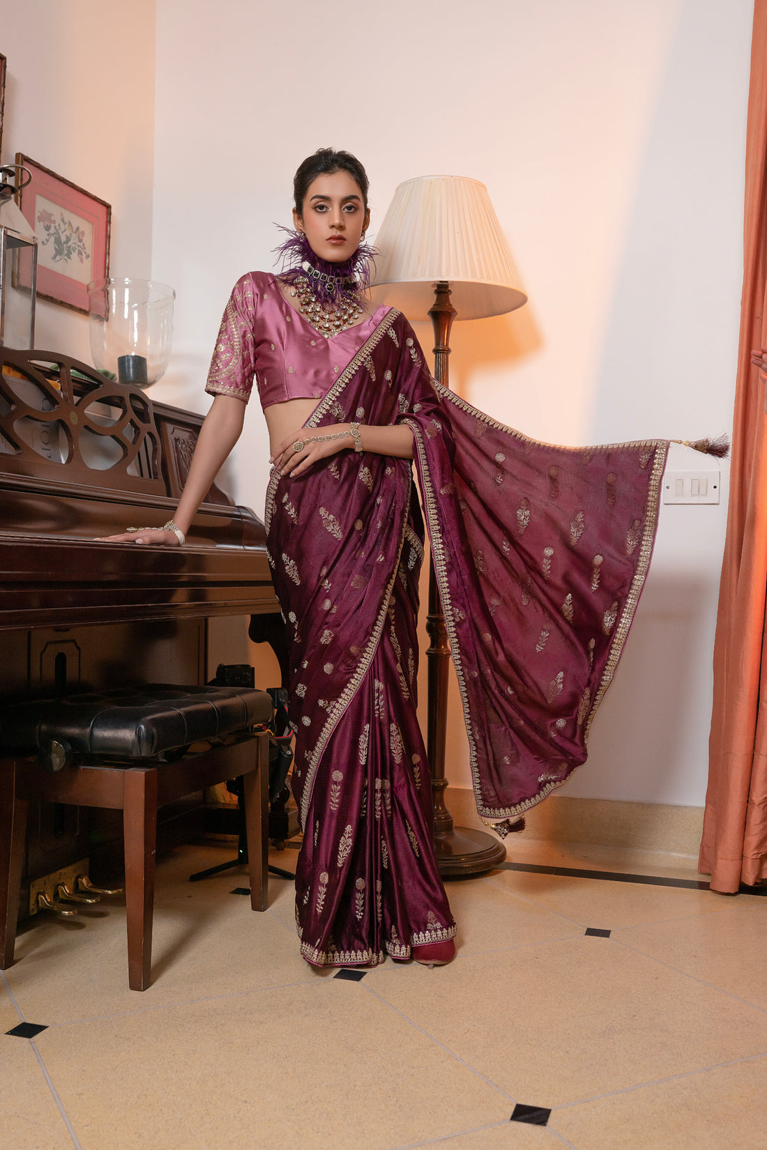 Maroon Viscose Satin Silk Saree with Zari Motifs and Sequin Embroidery