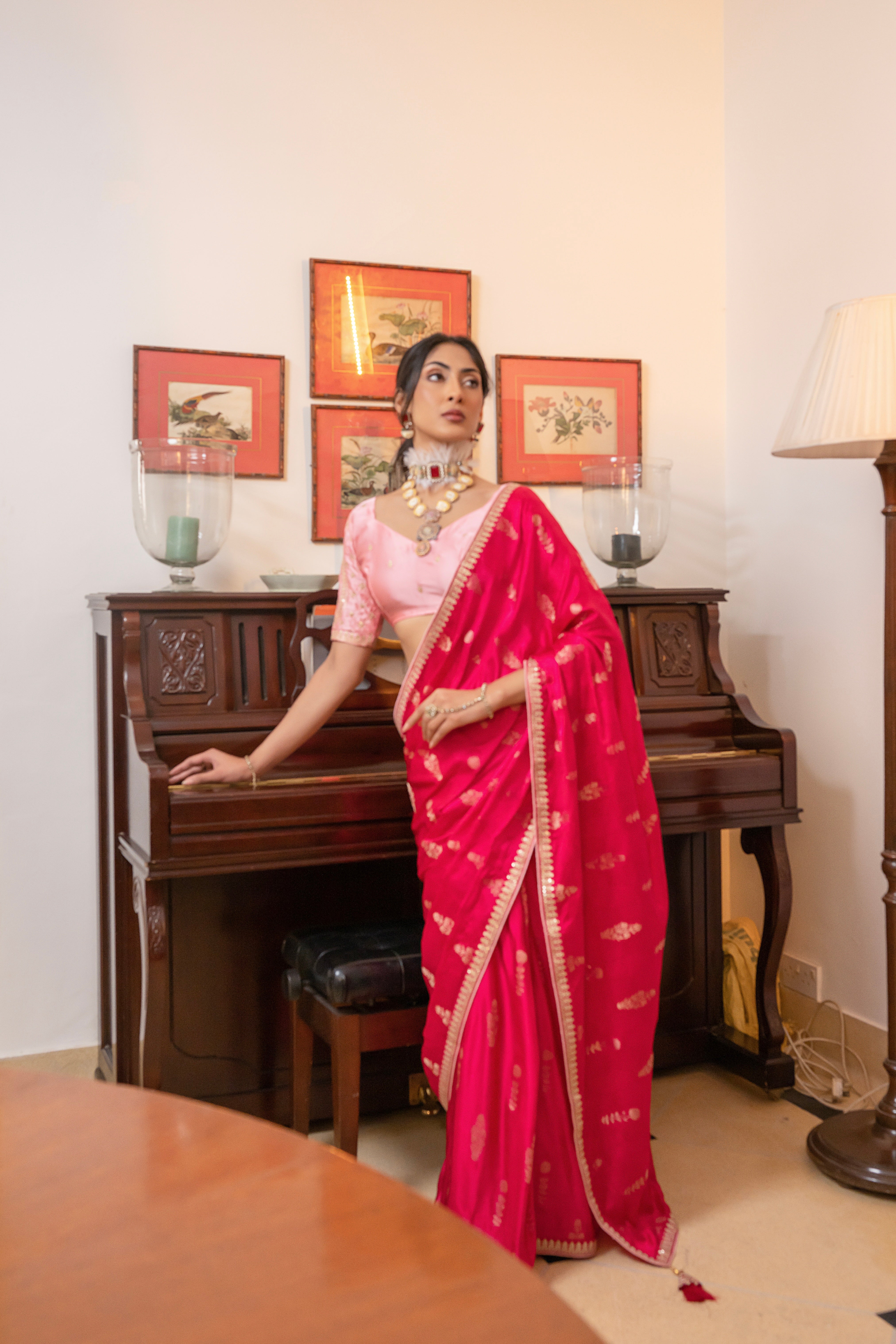 Red Viscose Satin Silk Saree with Zari Motifs and Sequin Embroidery