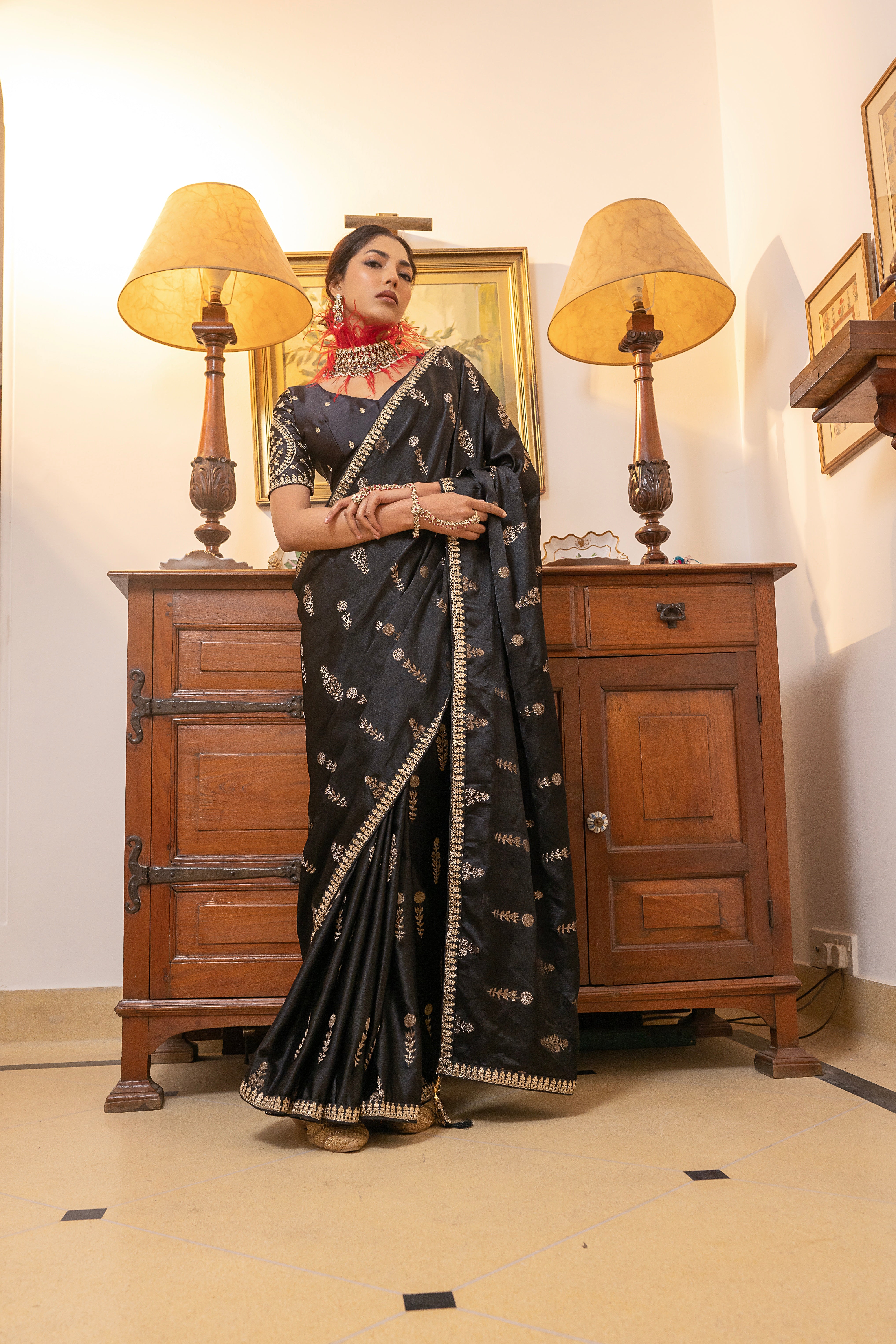 Black Viscose Satin Silk Saree with Zari Motifs and Sequin Embroidery