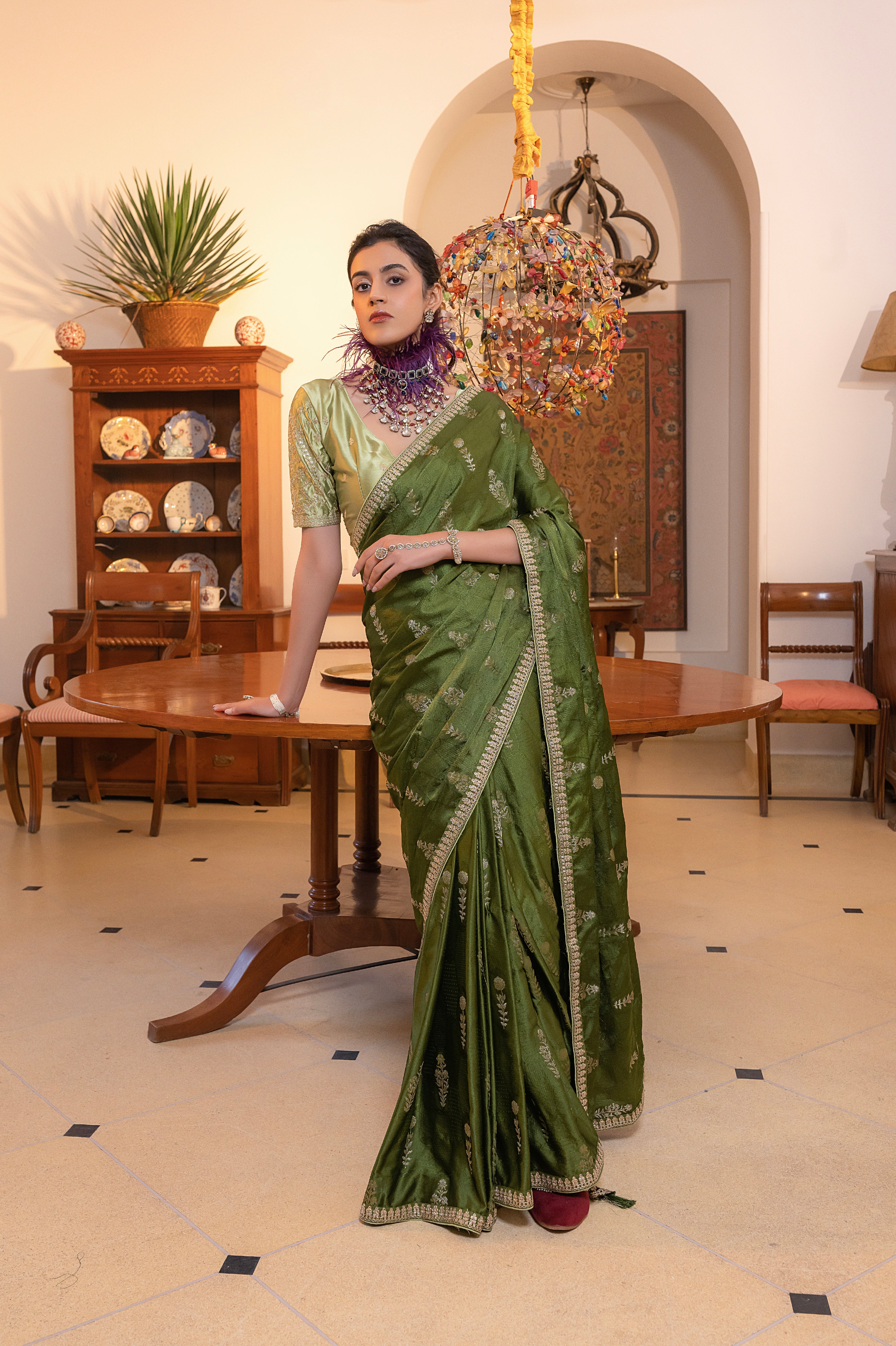 Green Viscose Satin Silk Saree with Zari Motifs and Sequin Embroidery