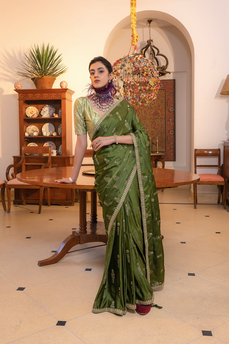 Green Viscose Satin Silk Saree with Zari Motifs and Sequin Embroidery