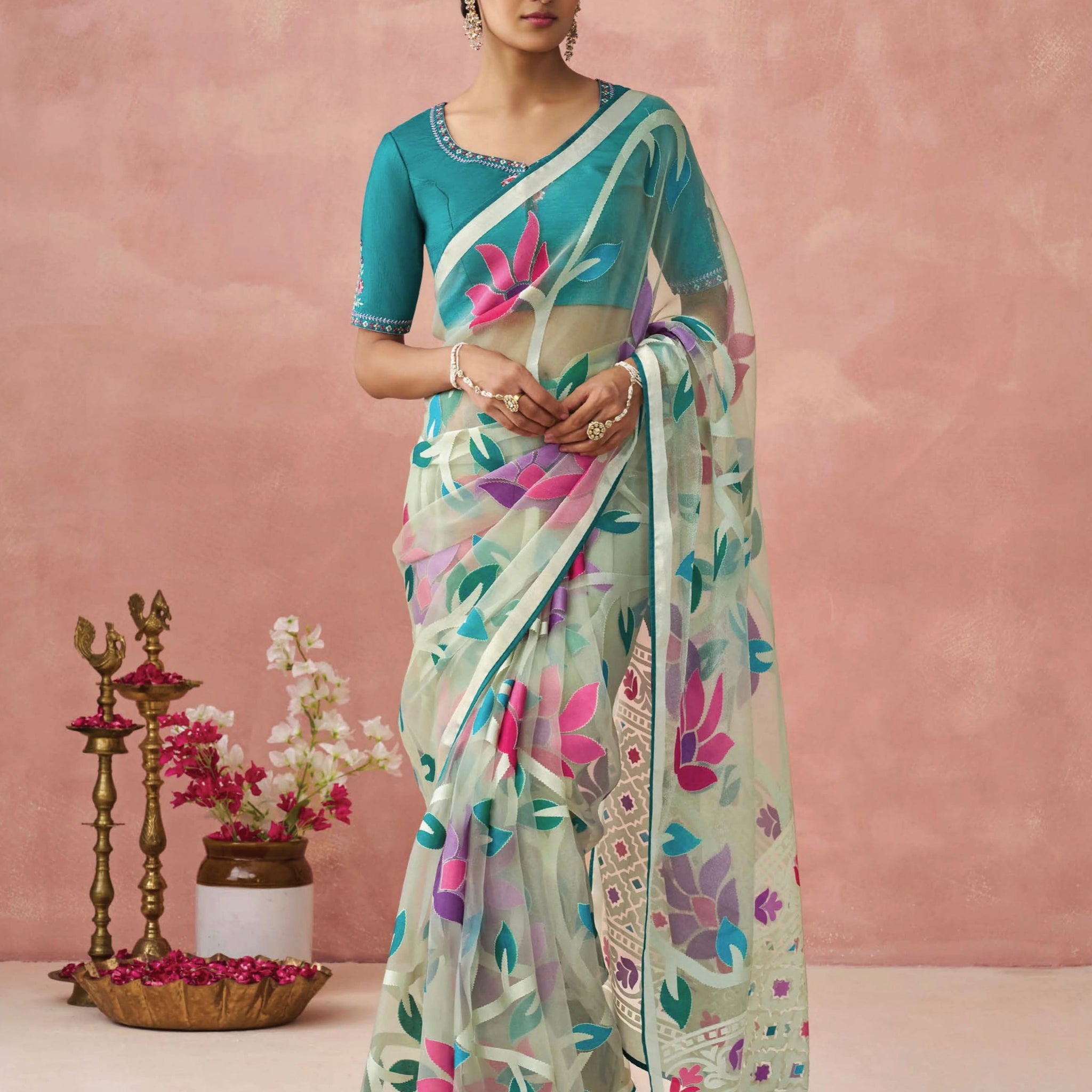 Light Blue Soft Brasso Organza Saree with Floral Print and Piping Work