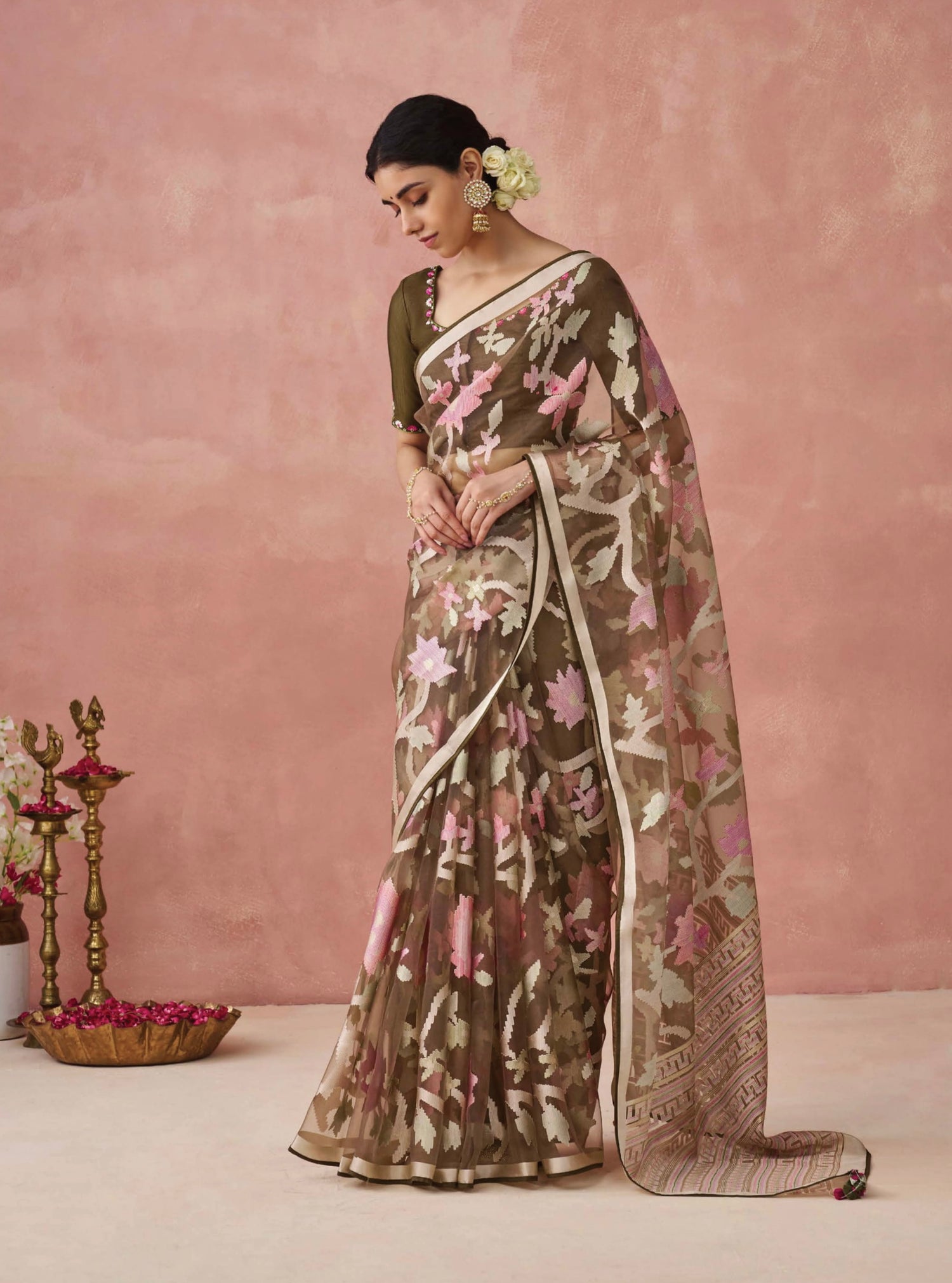 Brown Soft Brasso Organza Saree with Floral Print and Piping Work