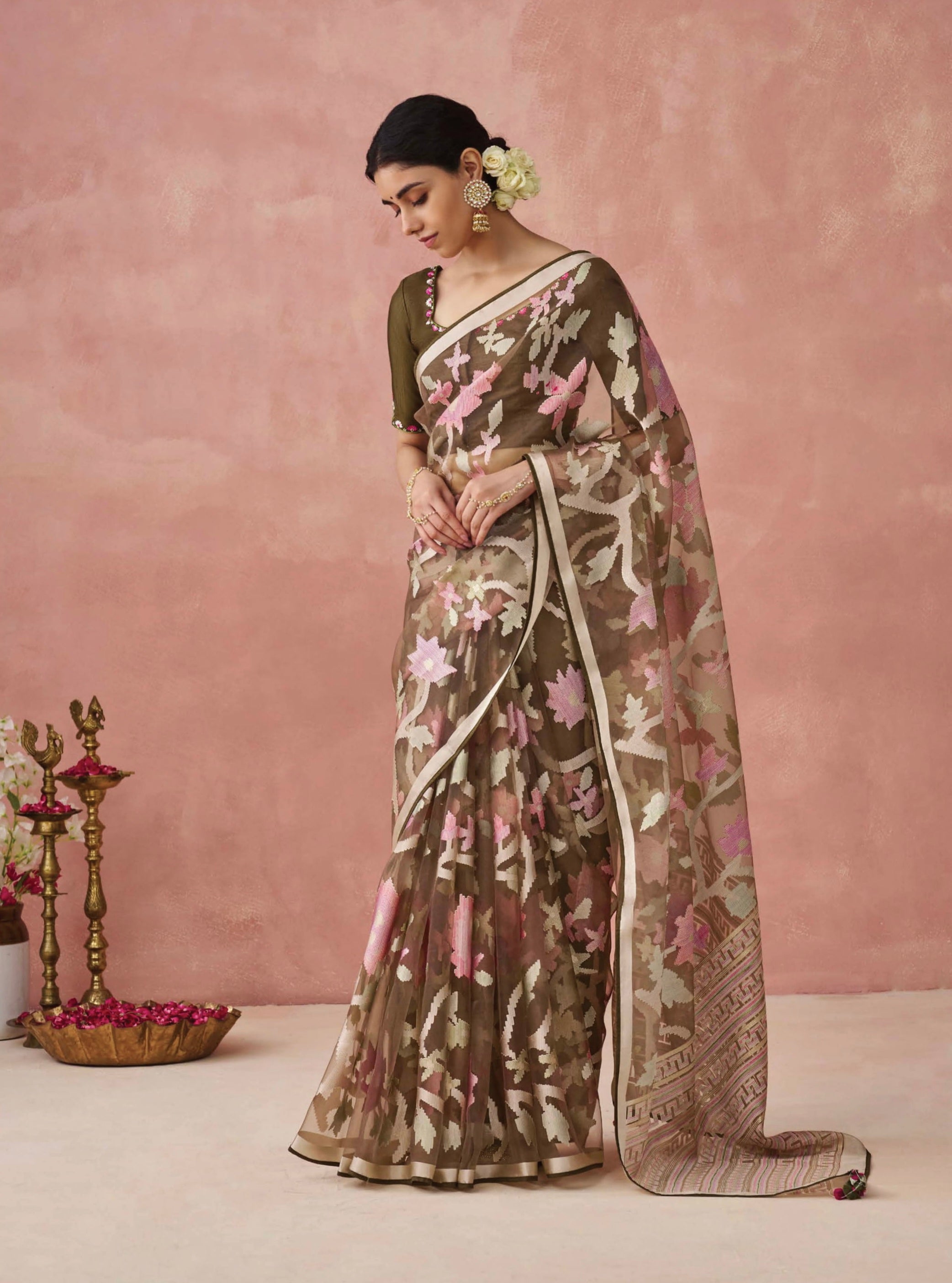 Brown Soft Brasso Organza Saree with Floral Print and Piping Work