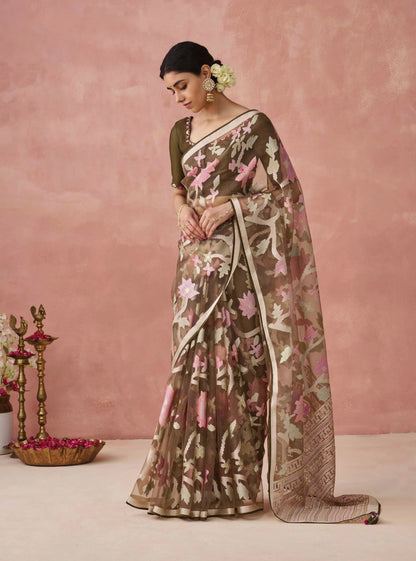 Brown Soft Brasso Organza Saree with Floral Print and Piping Work