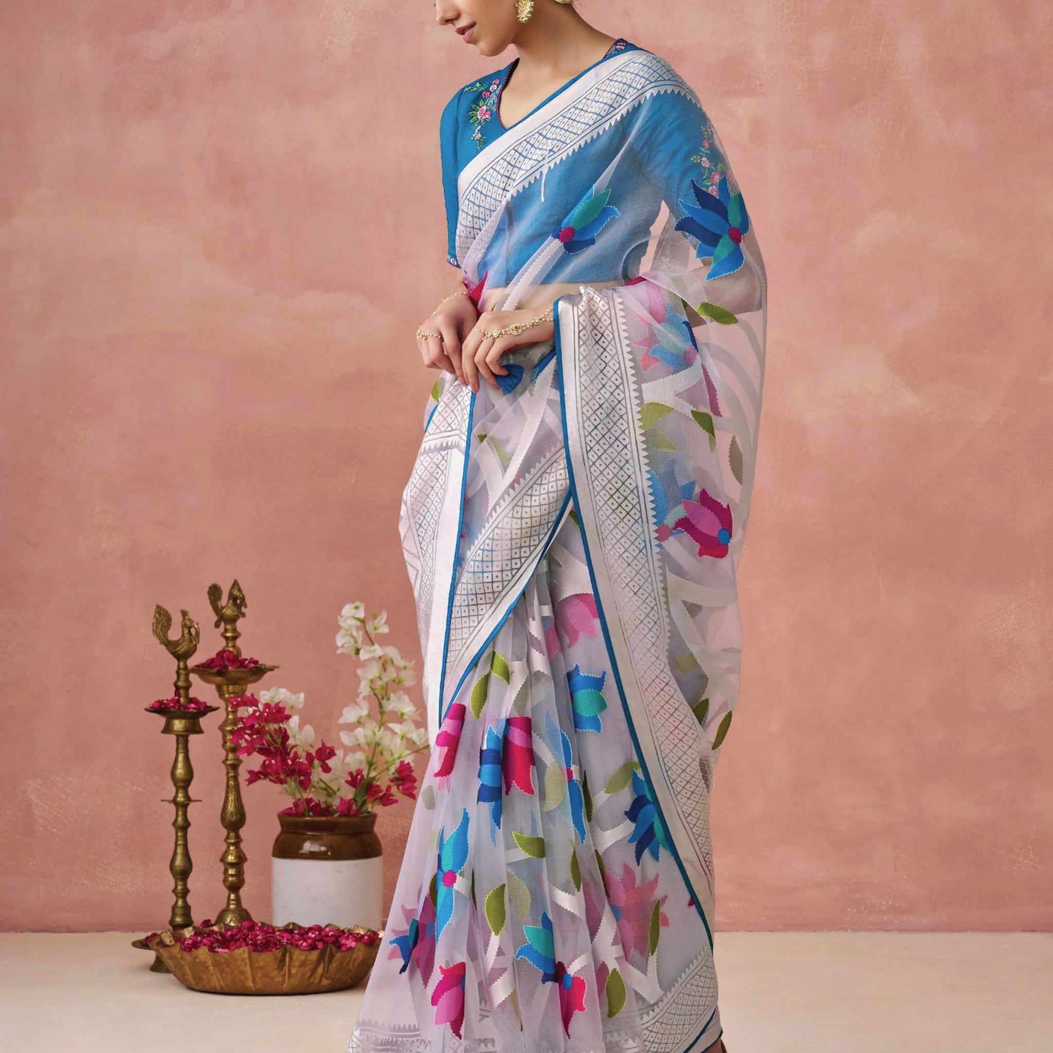 Sky Blue Soft Brasso Organza Saree with Floral Print and Piping Work