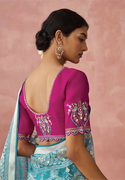 Turquoise Soft Brasso Organza Saree with Floral Print and Piping Work