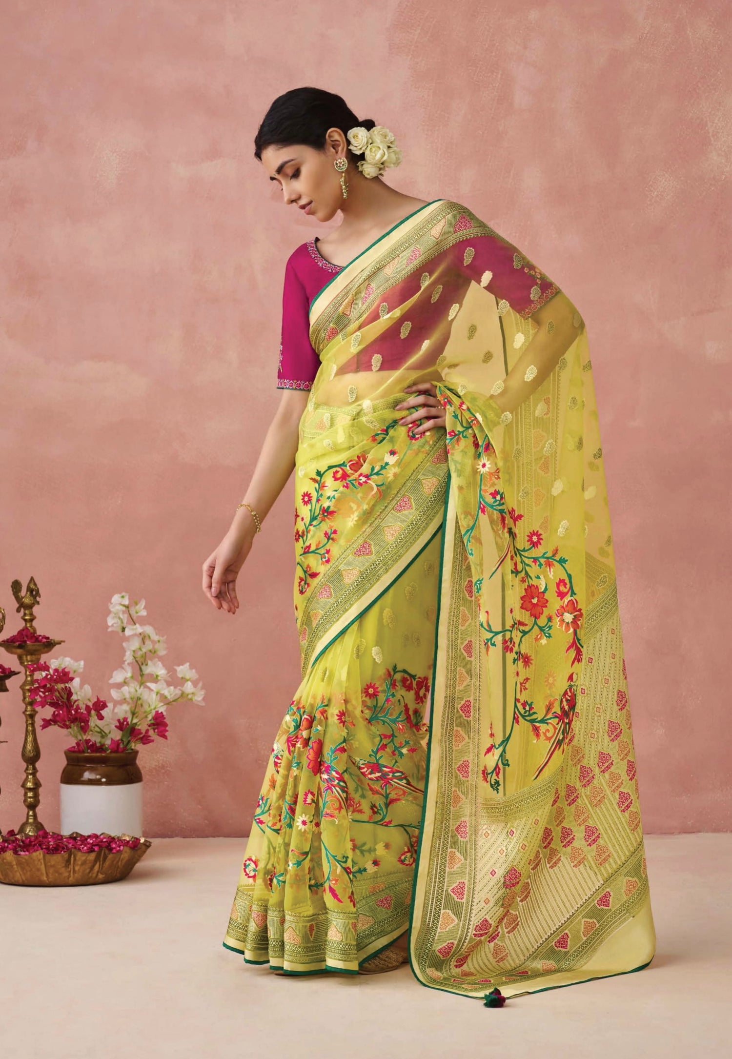 Yellow Soft Brasso Organza Saree with Floral Print and Piping Work