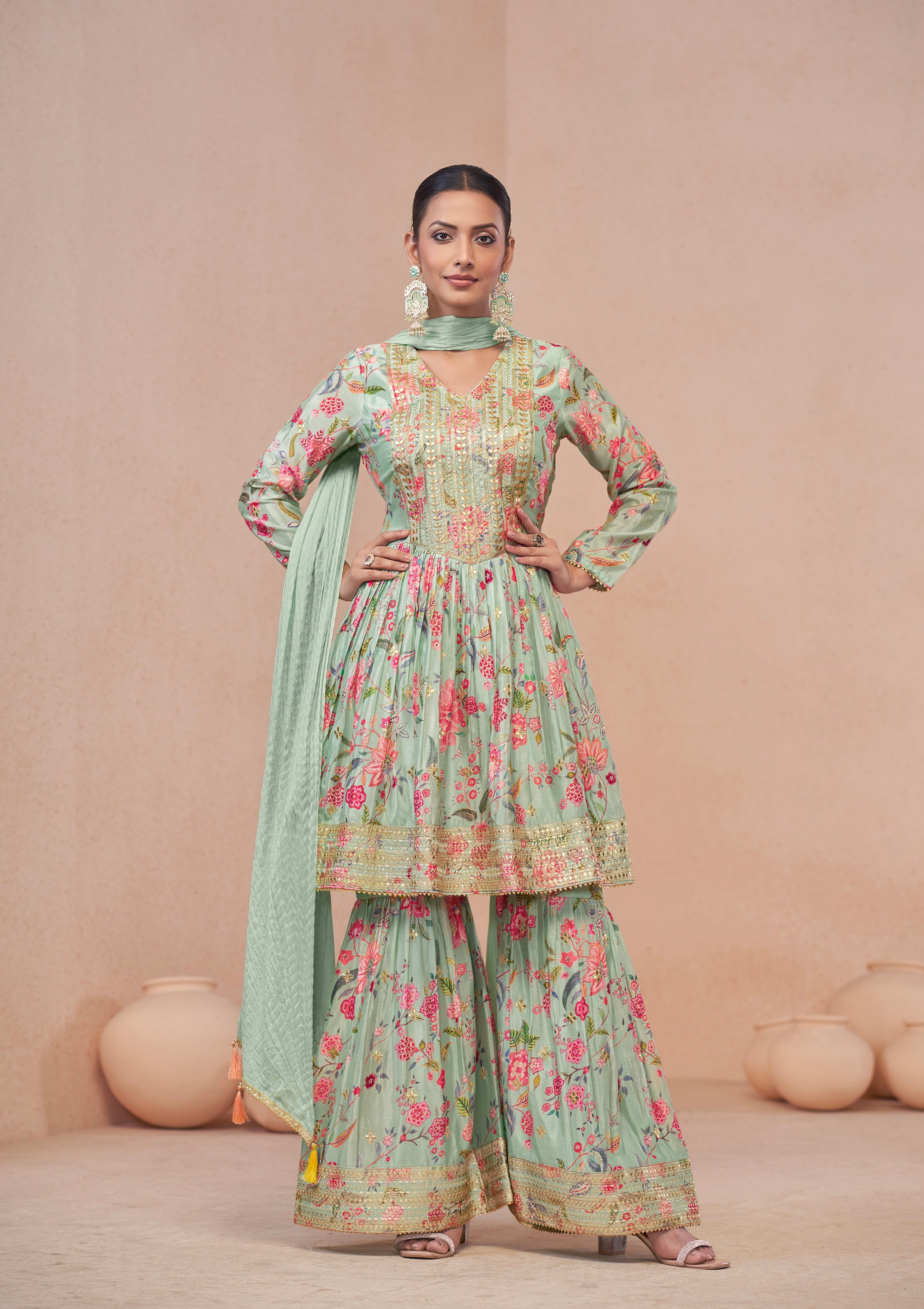 Mint Green Floral Chinon Print Anarkali Suit with Dupatta