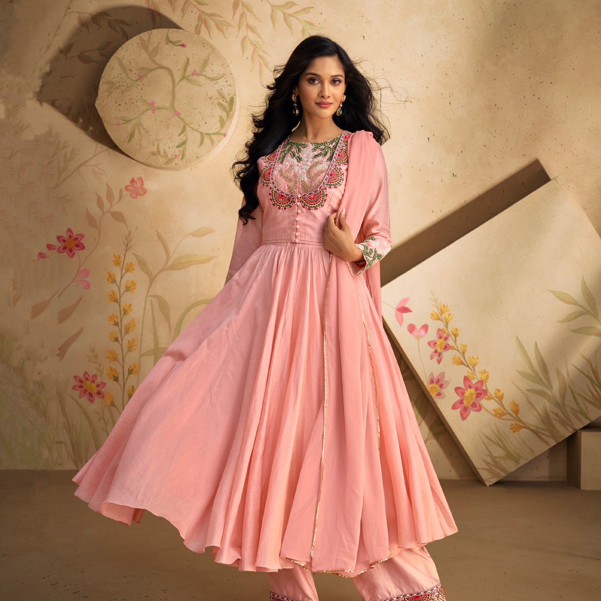 Peach Pure Silk Anarkali Suit with Green and Pink Embroidery